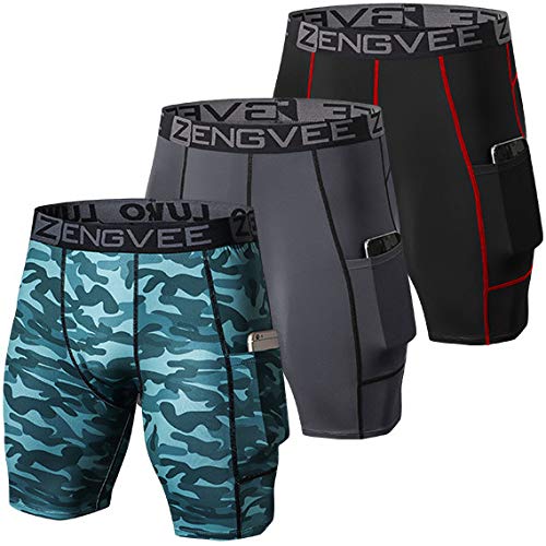 ZENGVEE Men's 3-Pack Compression Shorts with Pockets - Running, Gym, Yoga, Workout, Cycling & Swimming - Moisture Wicking & Breathable Activewear for Sports & Outdoor Activities
