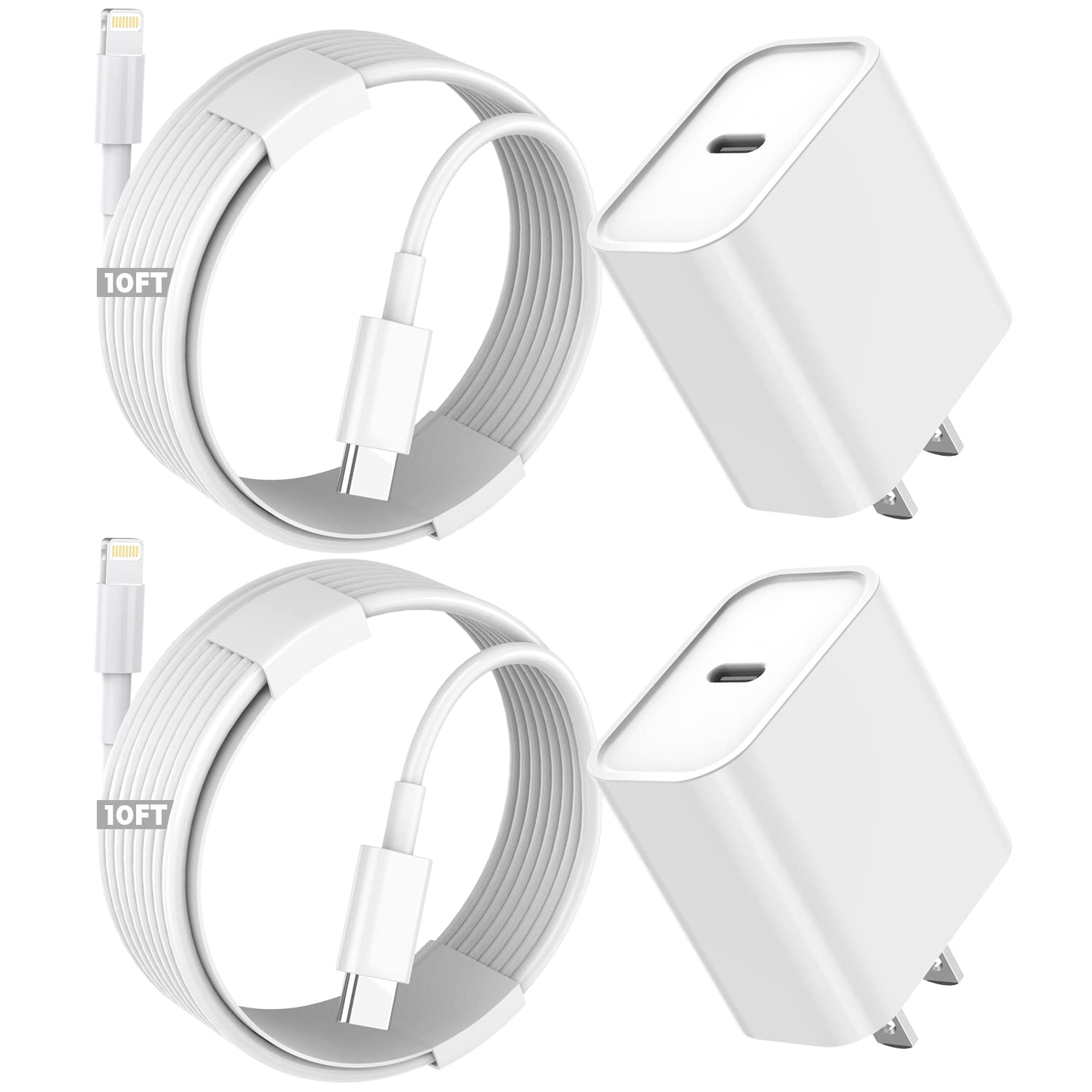 20W Fast Charger for iPhone 14/13/12/11/XR/SE & iPad - 10ft Extra Long USB-C to Lightning Cable (2-Pack) - Quick Charging for Home, Office & Travel