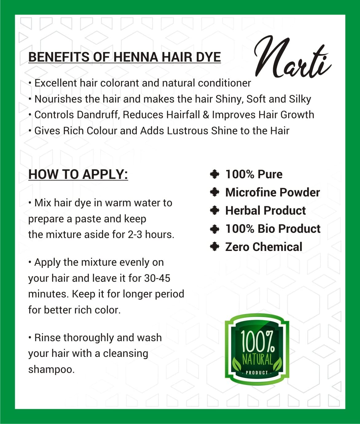 Narti Black Henna Hair Color Powder - Ammonia-Free, Lasts Up to 60 Days | Natural Grey Hair Coverage | Softens & Conditions Hair | Permanent Hair Dye for Women & Men | 60g Pack | Perfect for Home Hair Coloring & DIY Beauty Treatments