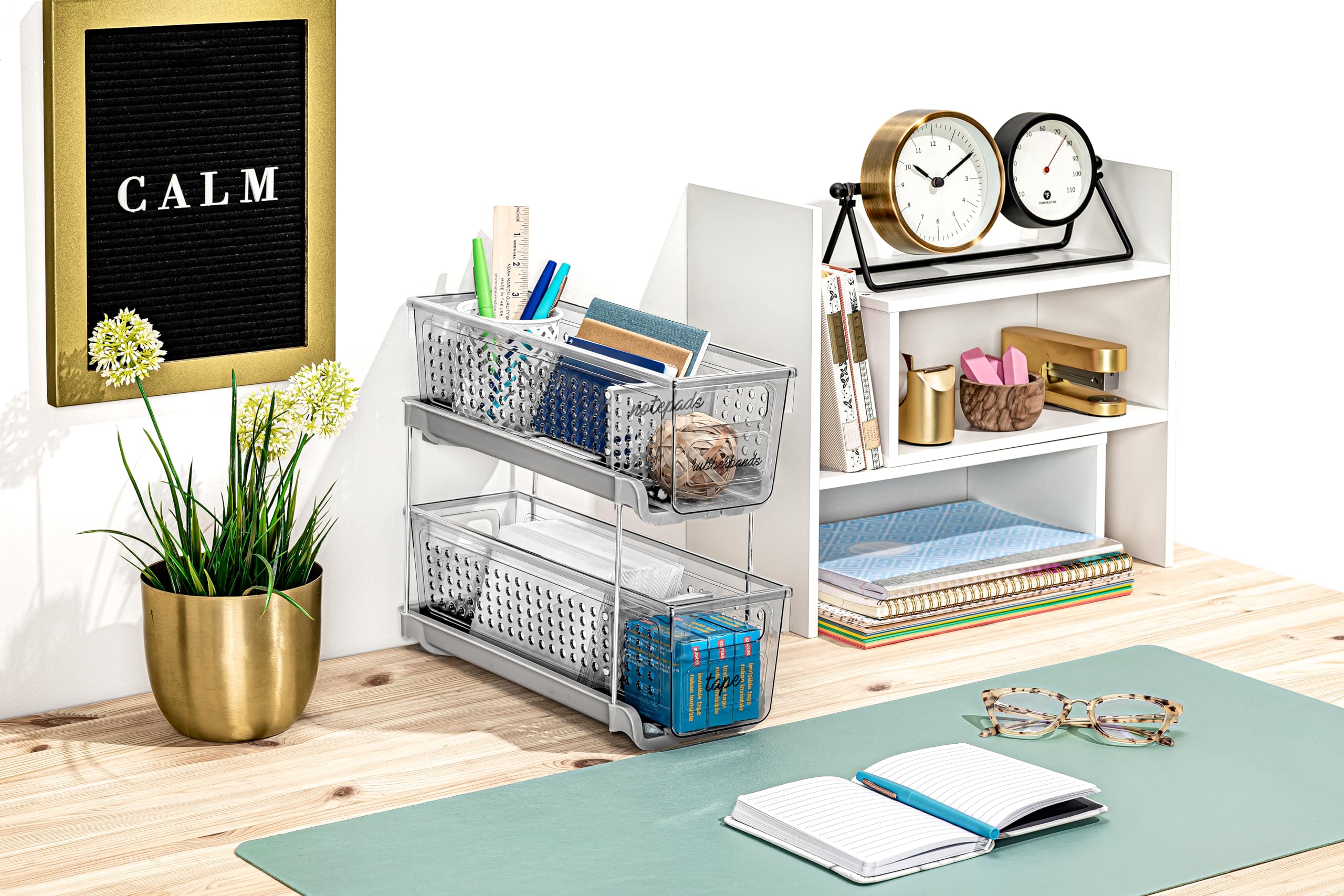 Madesmart Mini 2-Tier Plastic Storage Organizer with Slide-Out Bins - Space Saving Under Sink & Cabinet Organizer for Kitchen, Bathroom, Office - Carbon Black