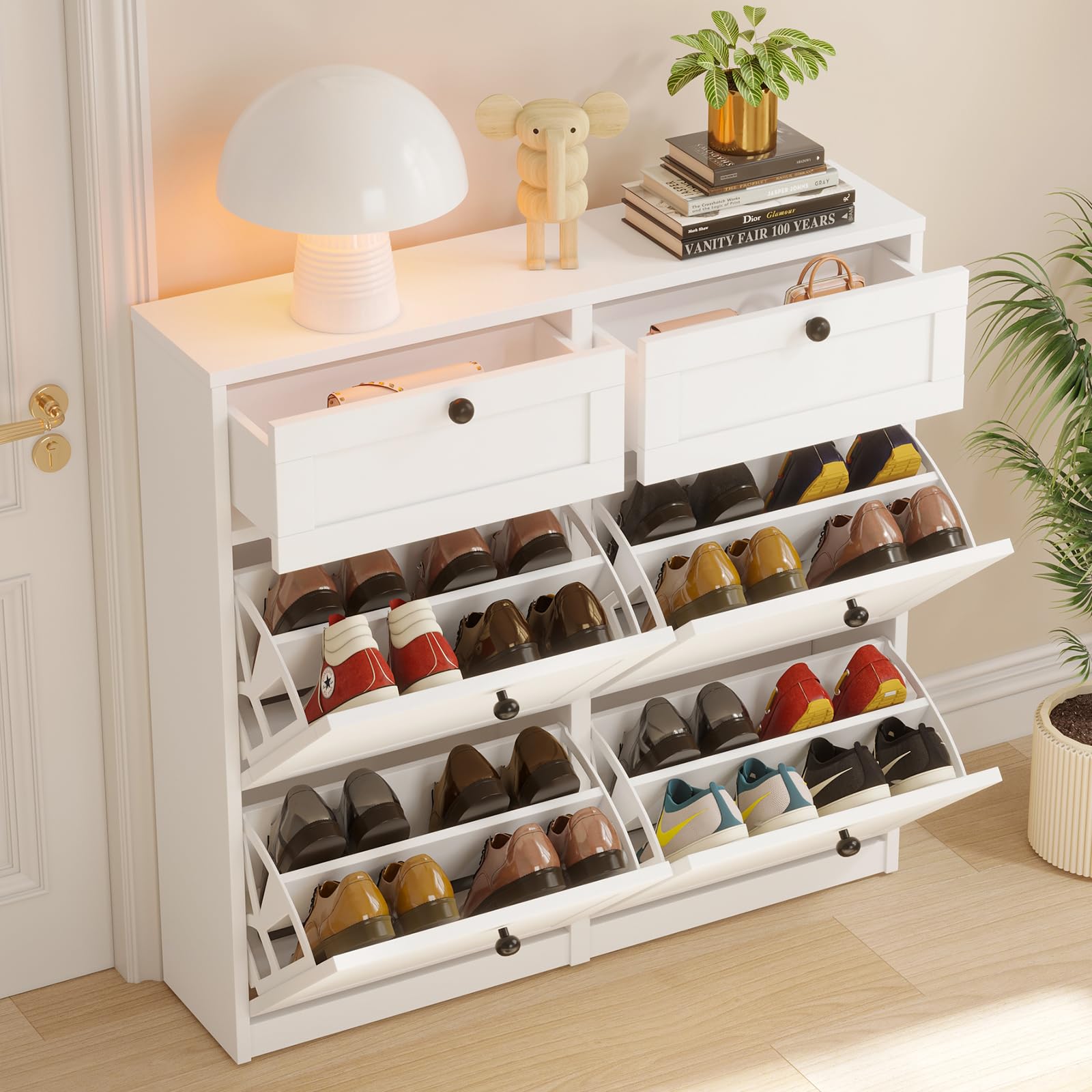 VOWNER 4 Flip Drawers & 2 Drawers Shoe Storage Cabinet - Adjustable Shelves Freestanding Shoe Organizer for Entryway, Hallway, Living Room - Perfect for Small Spaces & Apartment Organization (White)
