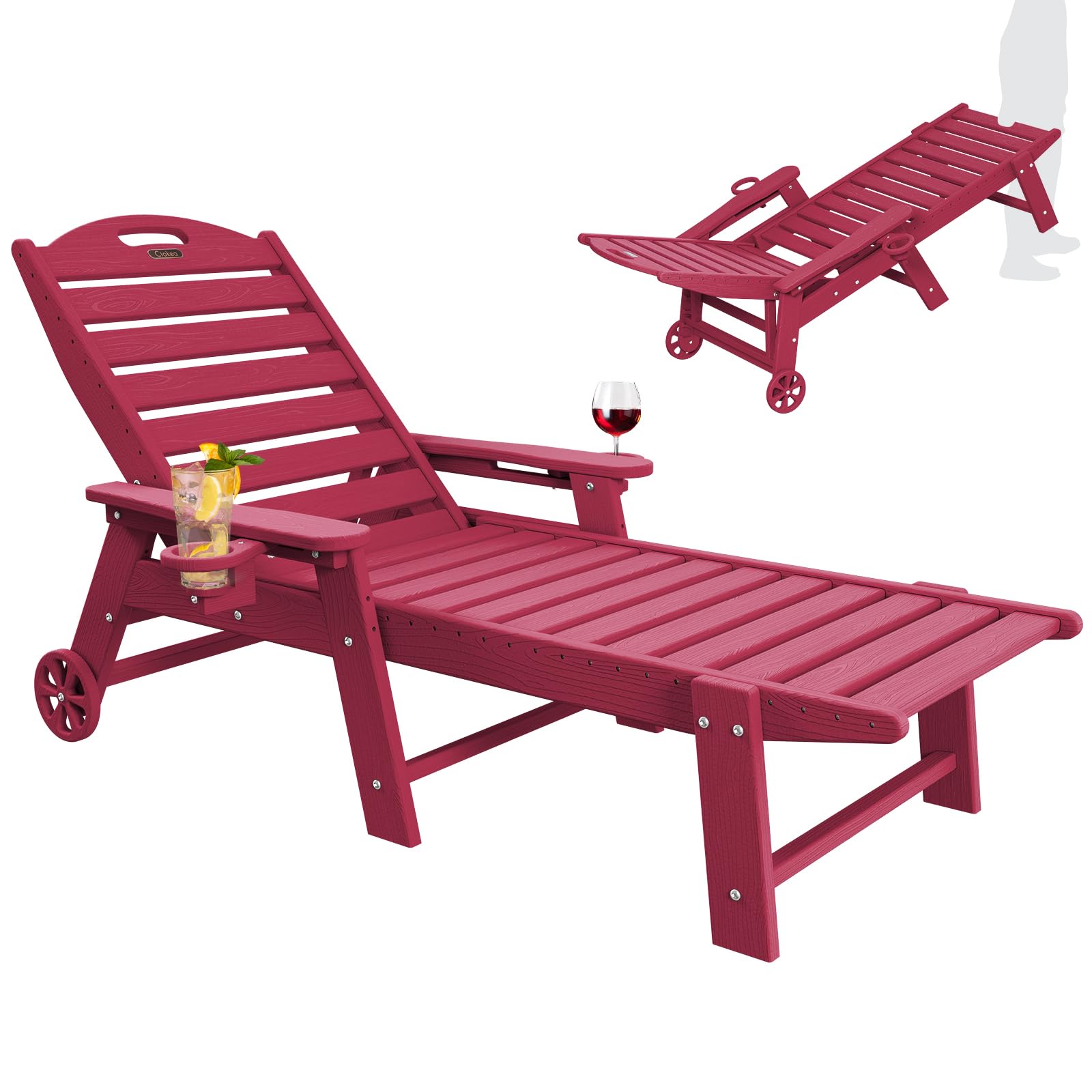 5-Position Adjustable Outdoor Chaise Lounge Chair with Wheels & Double Cup Holders - Wood Texture Patio Lounge for Poolside, Backyard, Beach - Perfect for Sunbathing & Relaxing (Red)