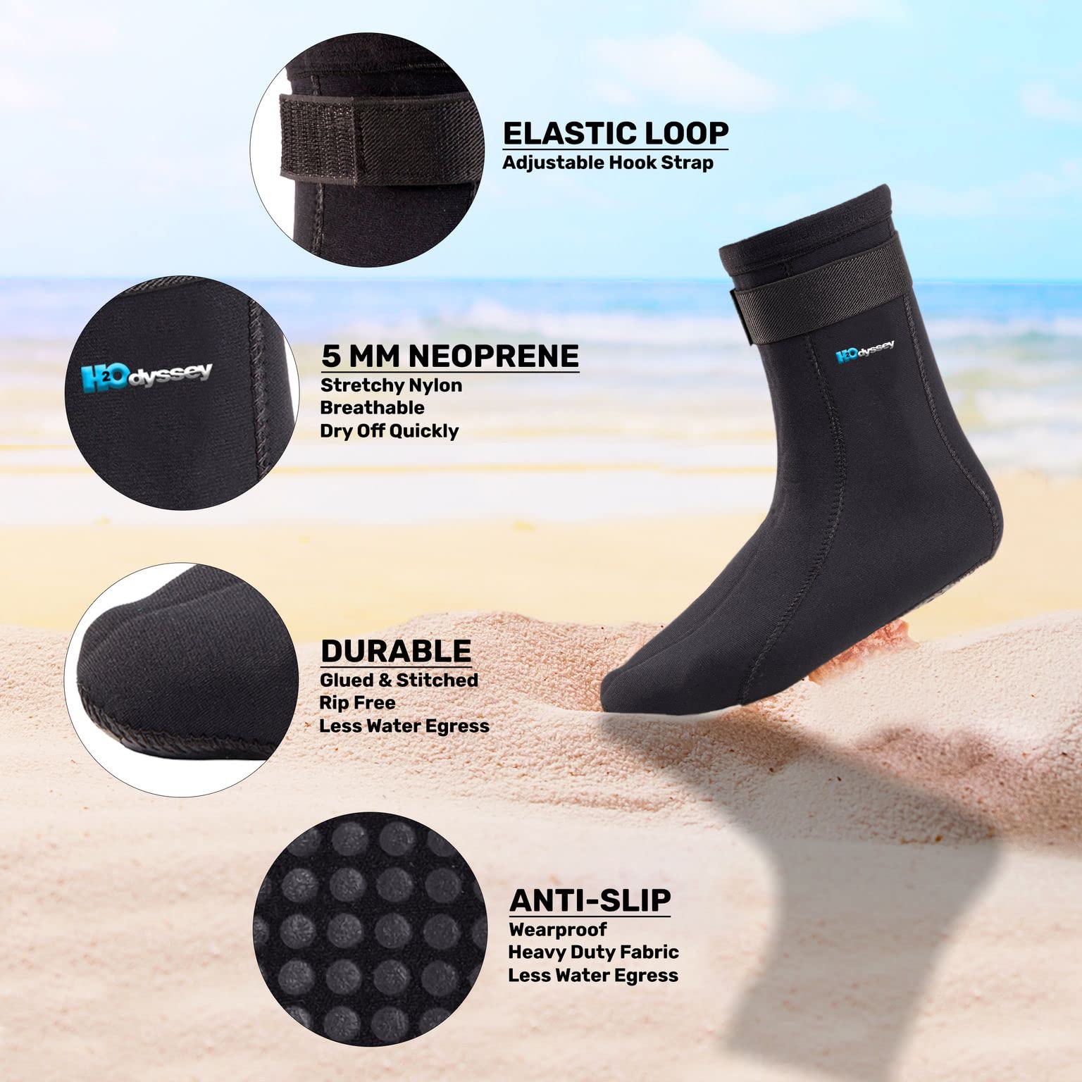 H2ODYSSEY 5mm Neoprene Diving Socks - Thermal Water Shoes for Scuba Diving, Snorkeling & Surfing - High Ankle Protection for Cold Water Activities
