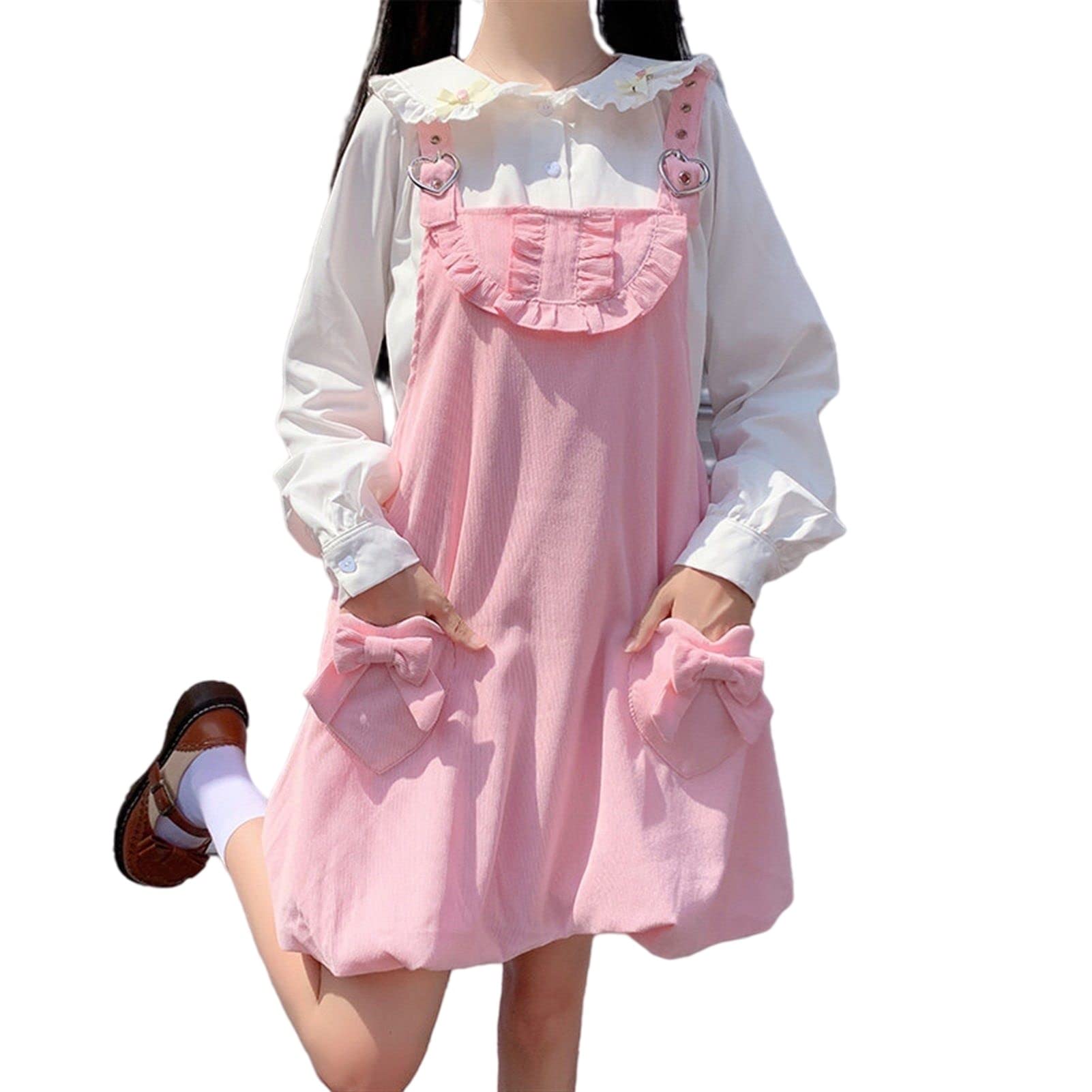 Vintage Kawaii Corduroy Strap Dress with Ruffles - Japanese Harajuku Style Pink Dress for Teen Girls | Cute Outfit for School, Date Night & Kawaii Fashion Lovers