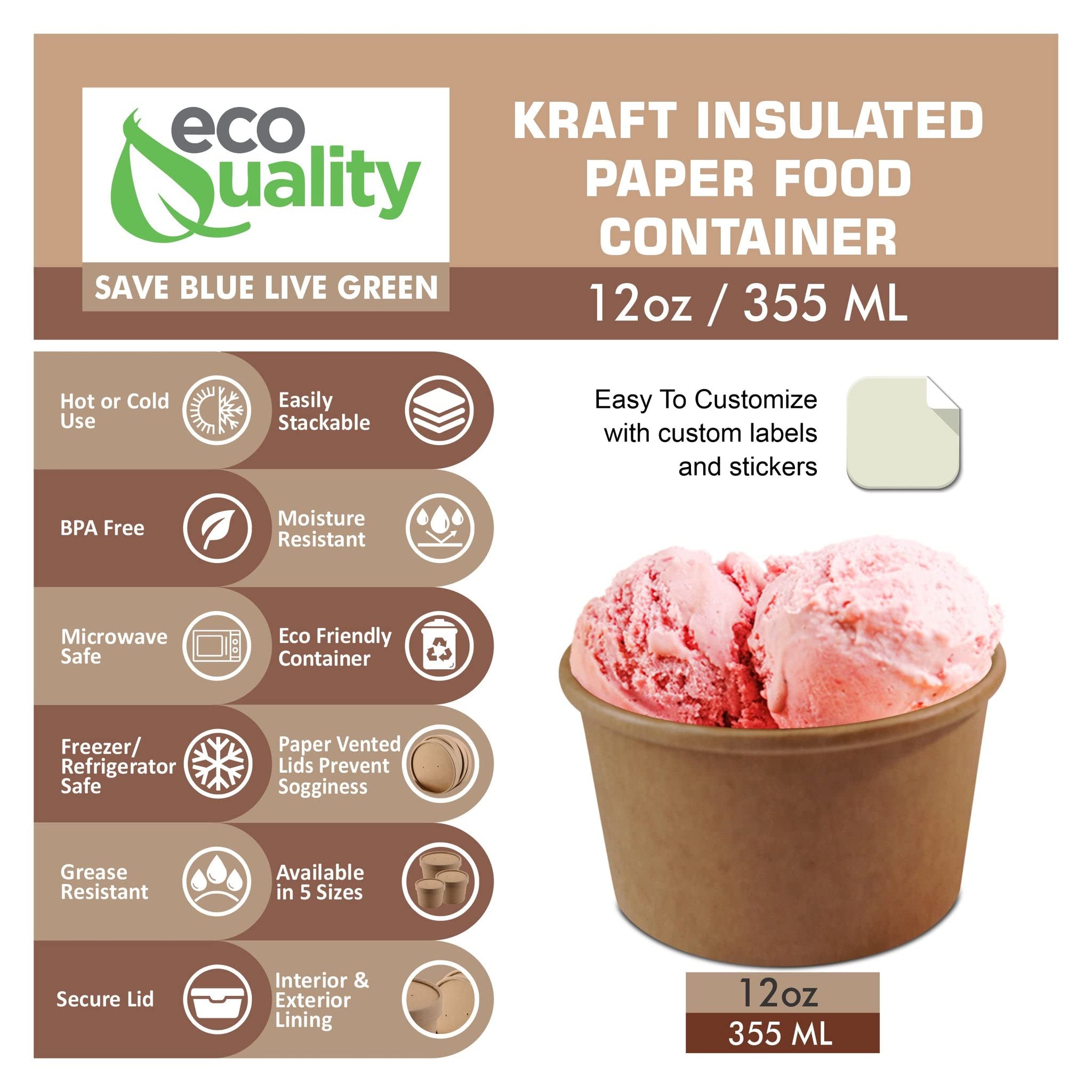 EcoQuality 12 oz Disposable Kraft Paper Soup Containers [500 Pack] - Microwave Safe, Recyclable Takeout Containers for Ice Cream, Frozen Yogurt, Restaurant Food Storage & Meal Prep - Perfect for Catering, Parties & To-Go Orders