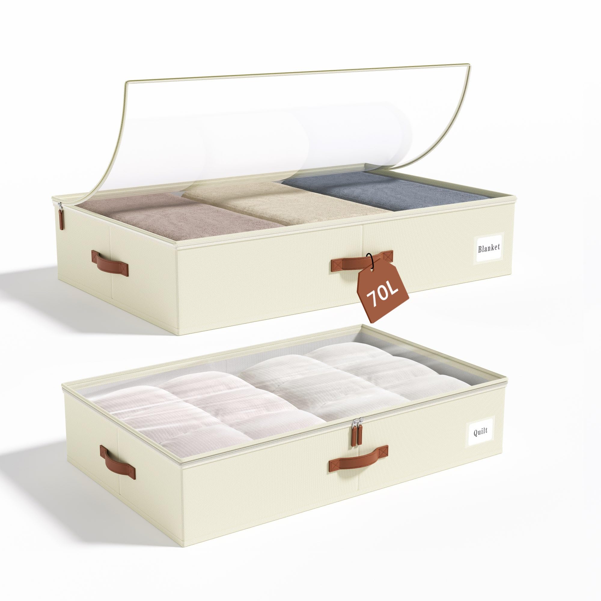 Under Bed Storage Containers - 70L Large Capacity Set of 2, Sturdy Frame Organizer Box with Lids for Blankets, Clothes & Shoes | Space-Saving Bedroom & Dorm Storage Solution for Seasonal Items & Extra Linens