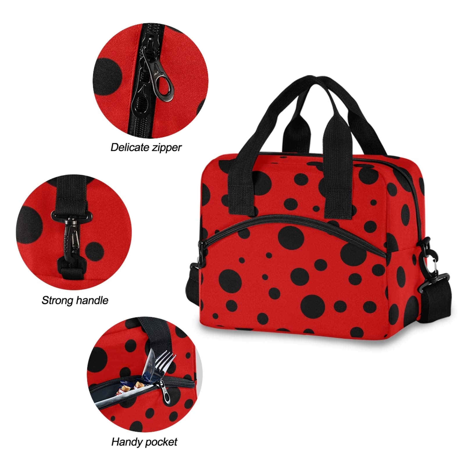 Personalized Ladybug Polka Dot Insulated Lunch Tote Bag for Women - Leakproof & Customizable Lunch Box Cooler Bag for Work, School & Picnics
