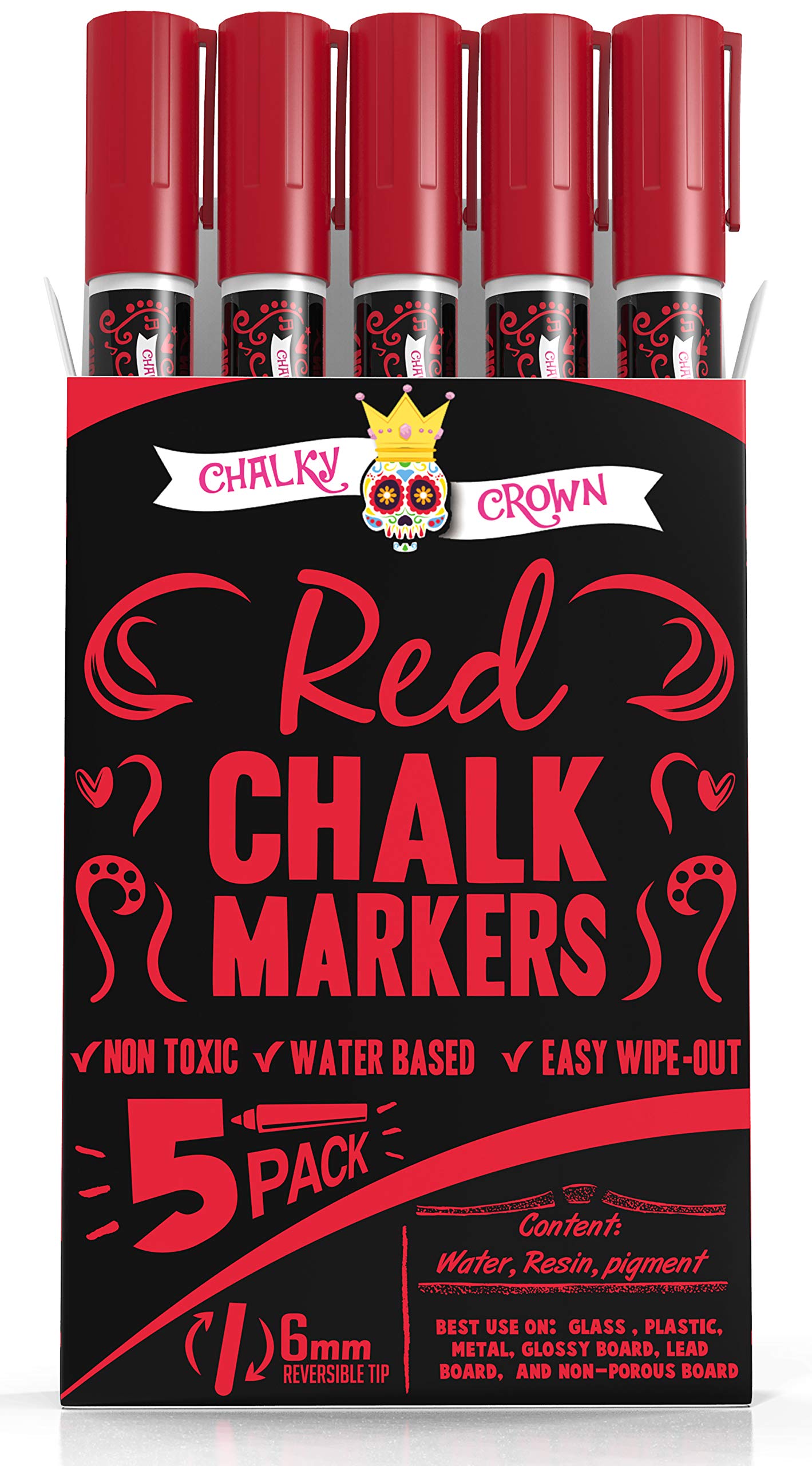 CHALKY CROWN Liquid Chalk Markers - 6 Pack Dry Erase Markers with 6mm Reversible Tip for Chalkboards, Windows, Glass & Blackboards - Vibrant Colors for Restaurants, Cafes, Retail Stores & Classroom Decor (Red)