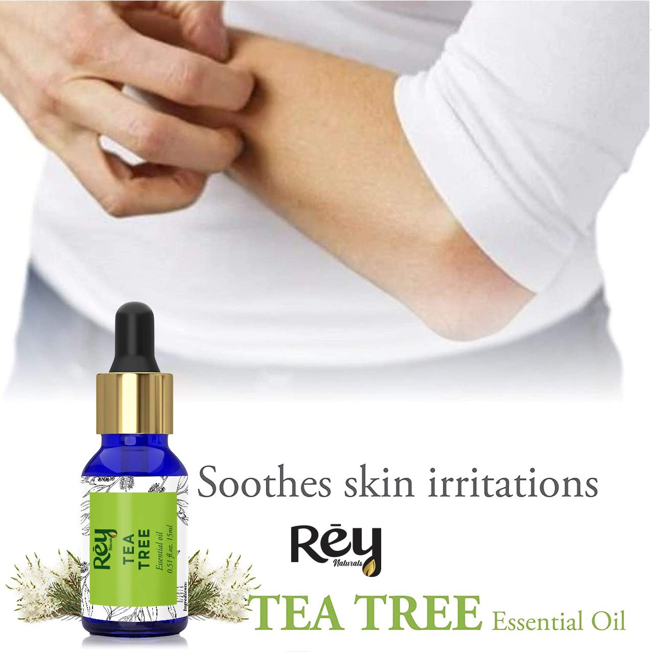 Rey Naturals 100% Pure Tea Tree Essential Oil for Hair Growth, Scalp Care, Acne Treatment & Aromatherapy | Natural Remedy for Dandruff, Stress Relief & Skin Care | Perfect for Diffusers, Massage & DIY Beauty - 15ml Bottle