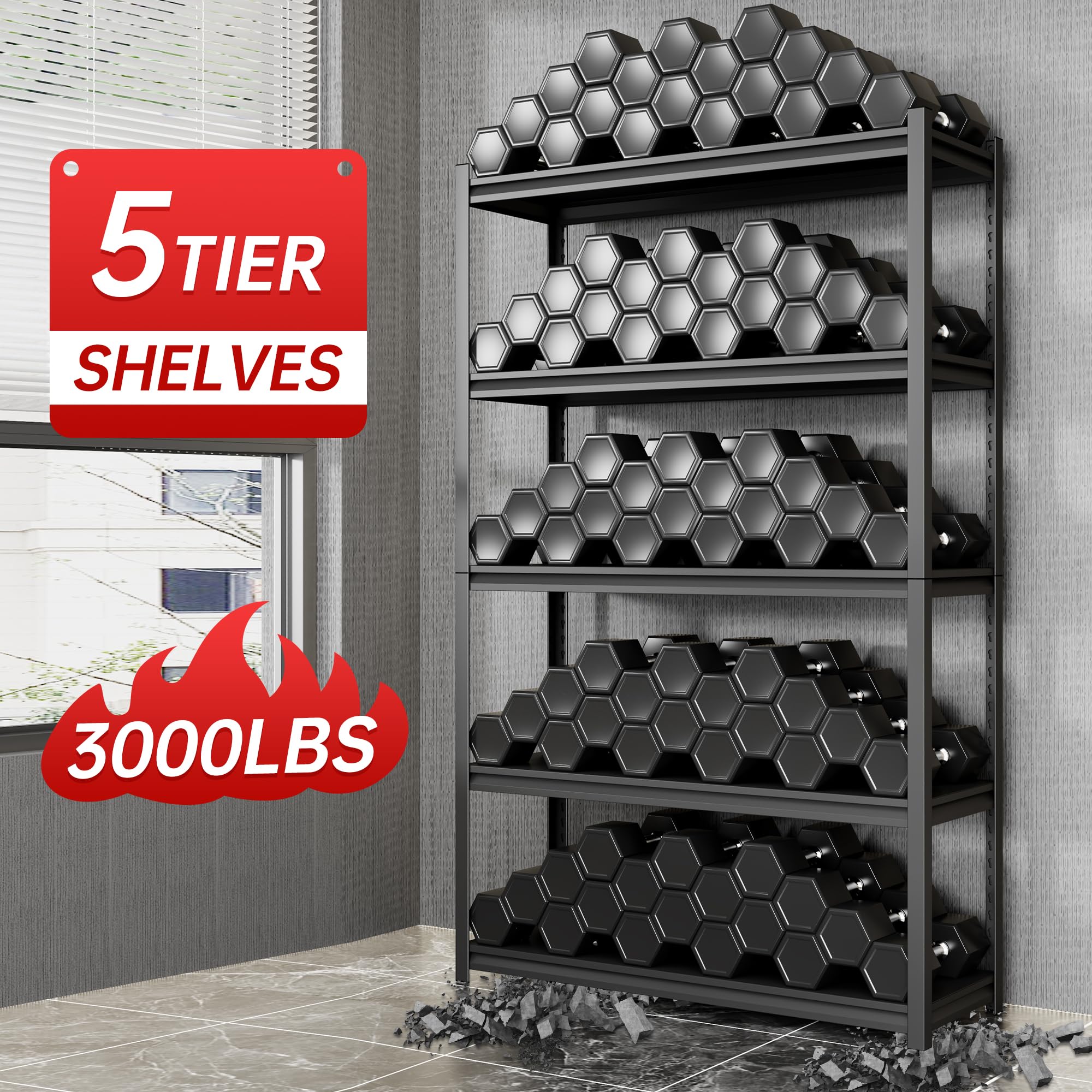 Heavy Duty 5-Tier Adjustable Metal Garage Shelving Unit - 3000 lbs Capacity for Garage, Basement, Warehouse & Kitchen Storage - Durable Storage Shelves for Organizing Tools, Supplies & Household Items