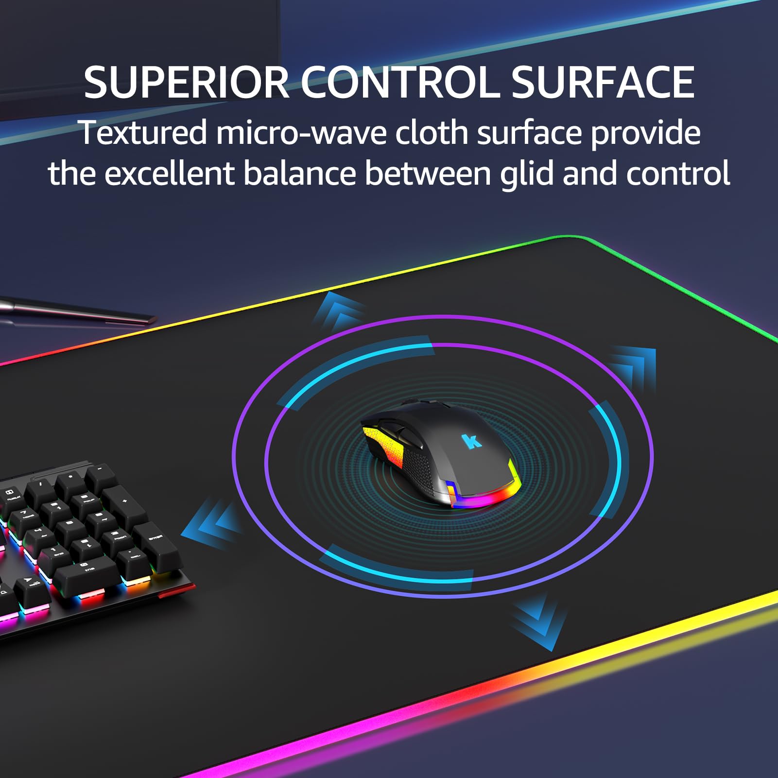 KTRIO RGB Large Gaming Mouse Pad with Stitched Edges - LED Extended Mousepad, Non-Slip Base & Water-Resistant Micro-Weave Cloth - 35.4
