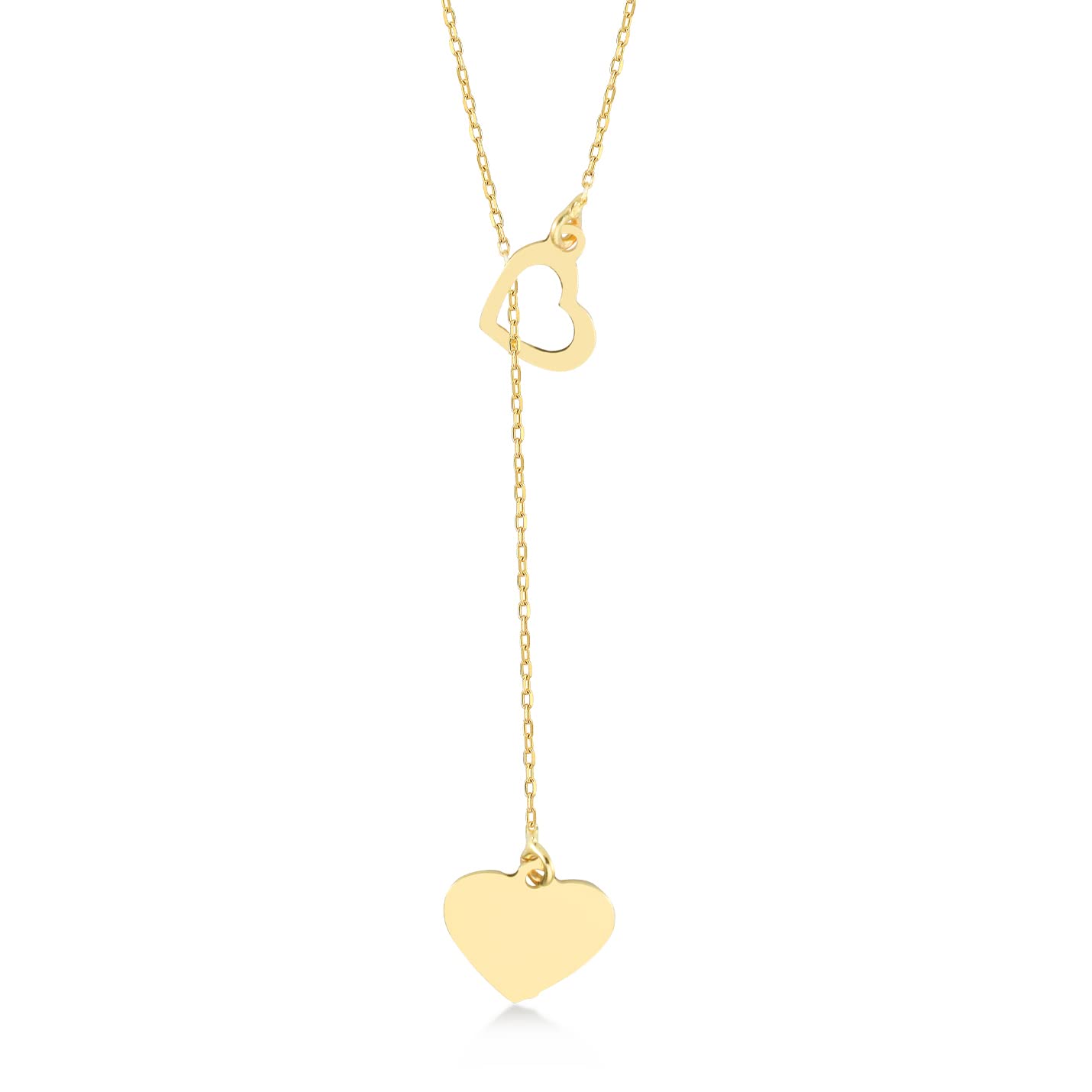 14K Solid Gold Two Heart Lariat Y-Necklace for Women - Elegant Layered Necklace for Valentine's Day, Anniversary & Romantic Gifts