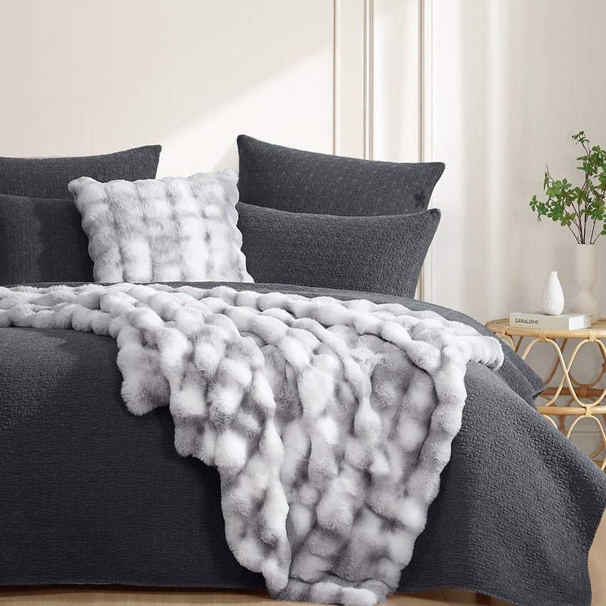 Luxury Faux Rabbit Fur Silver Throw Pillow by Logan & Mason - Soft Plush Decorative Cushion for Sofa, Bed, Living Room & Home Decor
