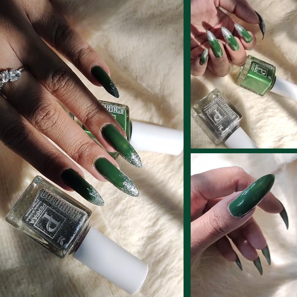 PERPAA Vegan Nail Polish Set - Quick Dry, Glossy Finish, Non-Toxic & Cruelty-Free - 2 Colors (Texture Silver & Army Green) 10ml Each - Perfect for Nail Art, Manicures, and Gift Giving