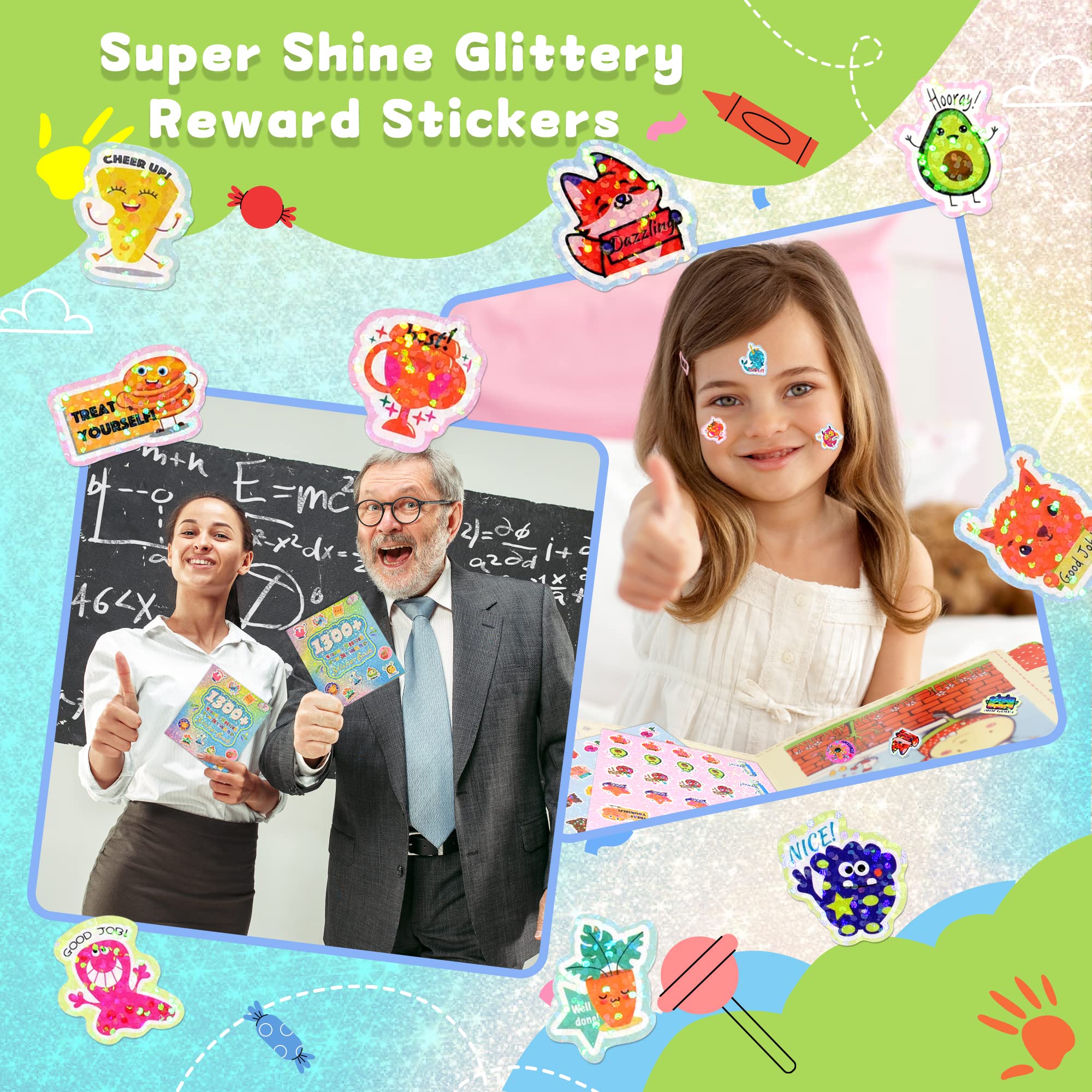 1300+ PCS Glitter Reward Stickers for Kids - Cute Animal & Unicorn Motivational Stickers for Teachers, Classroom Supplies, Toddler Scrapbooking & Arts - Perfect for School Projects, Behavior Charts & DIY Crafts