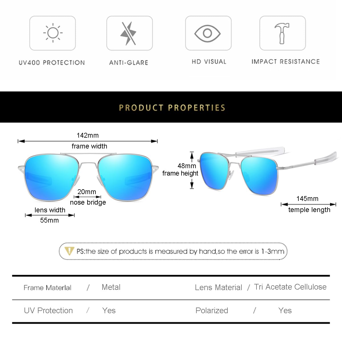 Gleyemor Polarized Square Aviator Sunglasses for Men - Retro Military Tough Guy Style UV Protection Shades for Driving, Fishing & Outdoor Activities
