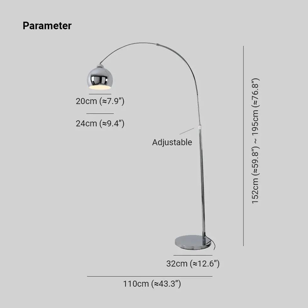 Modern Arc Floor Lamp in Silver - Adjustable Standing Light for Living Room, Bedroom & Office - Sleek Contemporary Design with Spherical Base