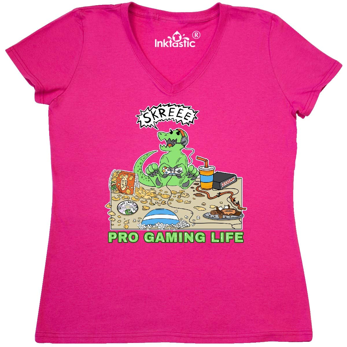 Inktastic Pro Gaming Life Dinosaur Women's V-Neck T-Shirt - Comfortable Gamer Tee for Casual Wear, Gaming Events & Everyday Outfits