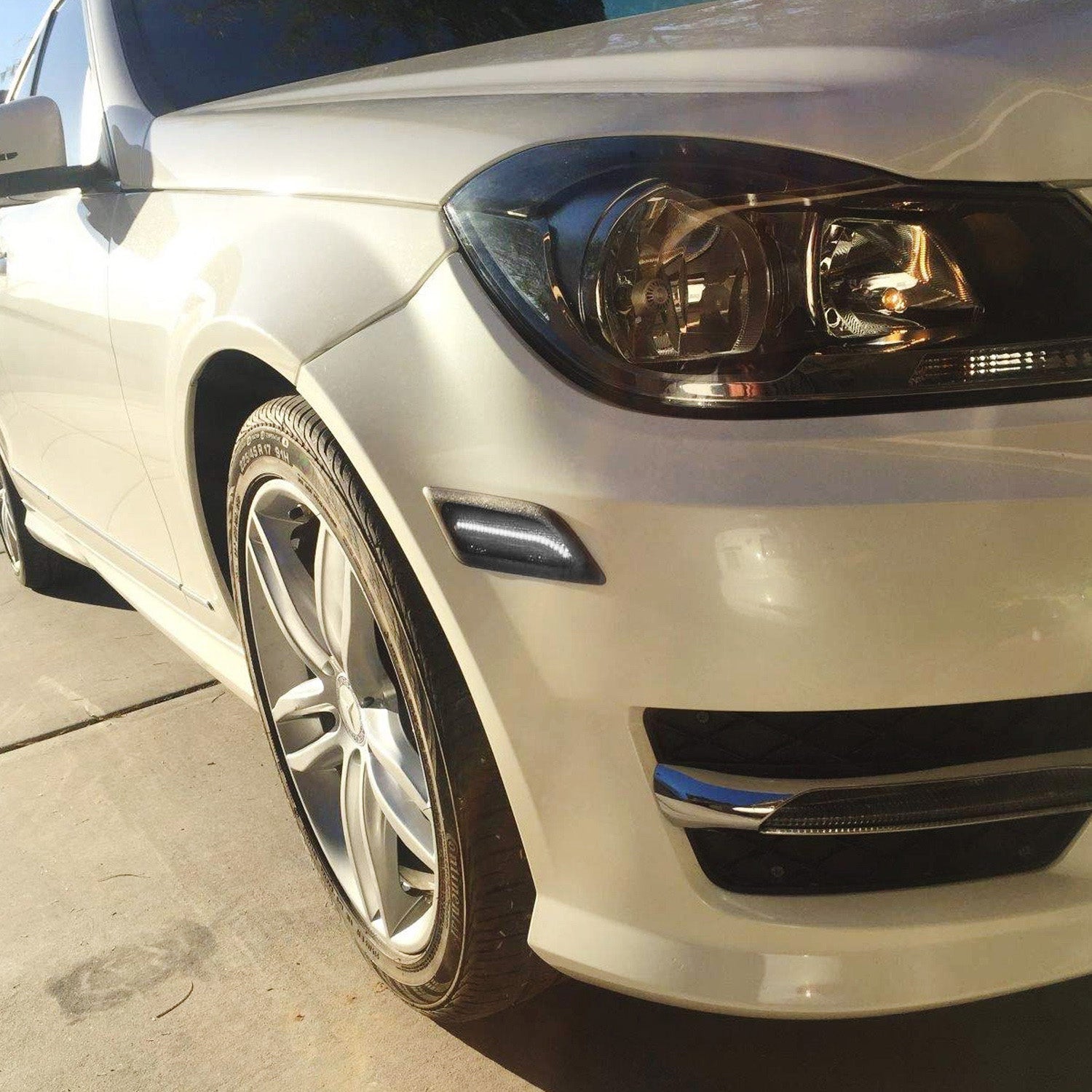 Euro Smoked Lens White LED Side Marker Lights for 2012-2014 Mercedes W204 C250 C300 - Enhance Visibility & Style for Night Driving & Custom Car Mods