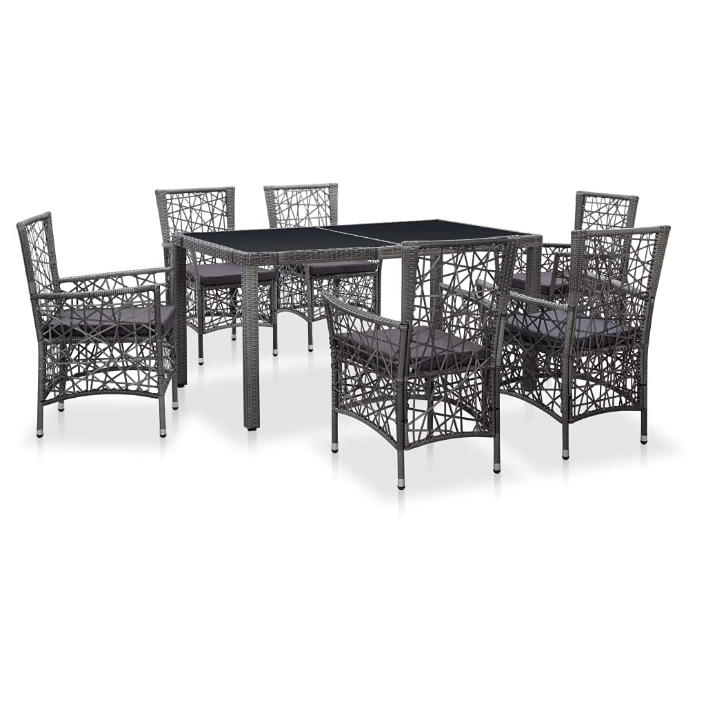 7-Piece Gray Poly Rattan Outdoor Dining Set with Coffee Table & Cushions - Patio Furniture, Sectional Sofa, Wicker Conversation Set for Backyard, Garden, Poolside & Terrace Relaxation