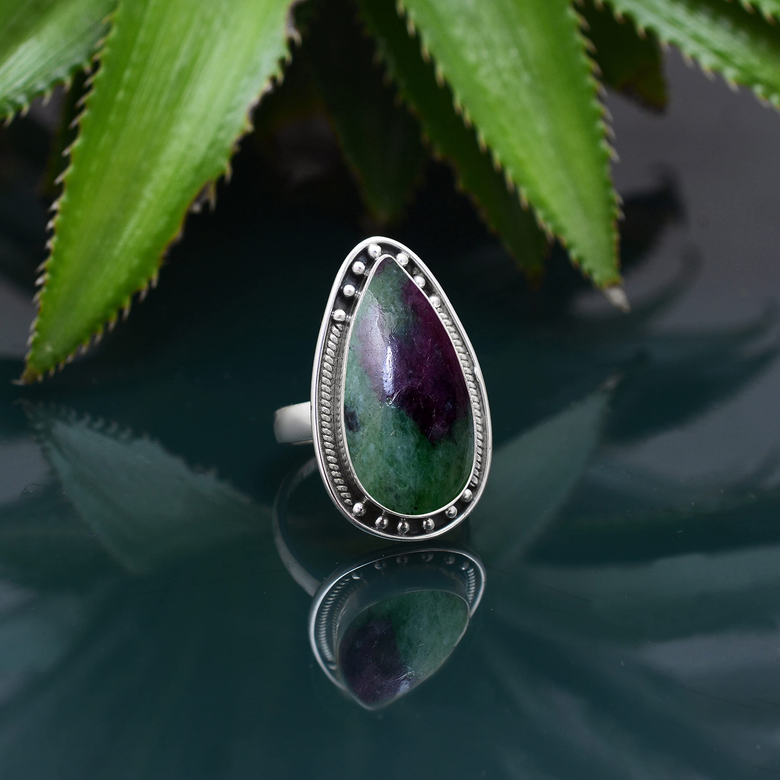Veracity Jewelry Ruby Zoisite Ring for Women - 925 Sterling Silver Bohemian Style Ring with Natural Green & Red Gemstone - Handmade Unisex Jewelry Gift (VSR-207) | Perfect for Weddings, Parties & Boho Fashion