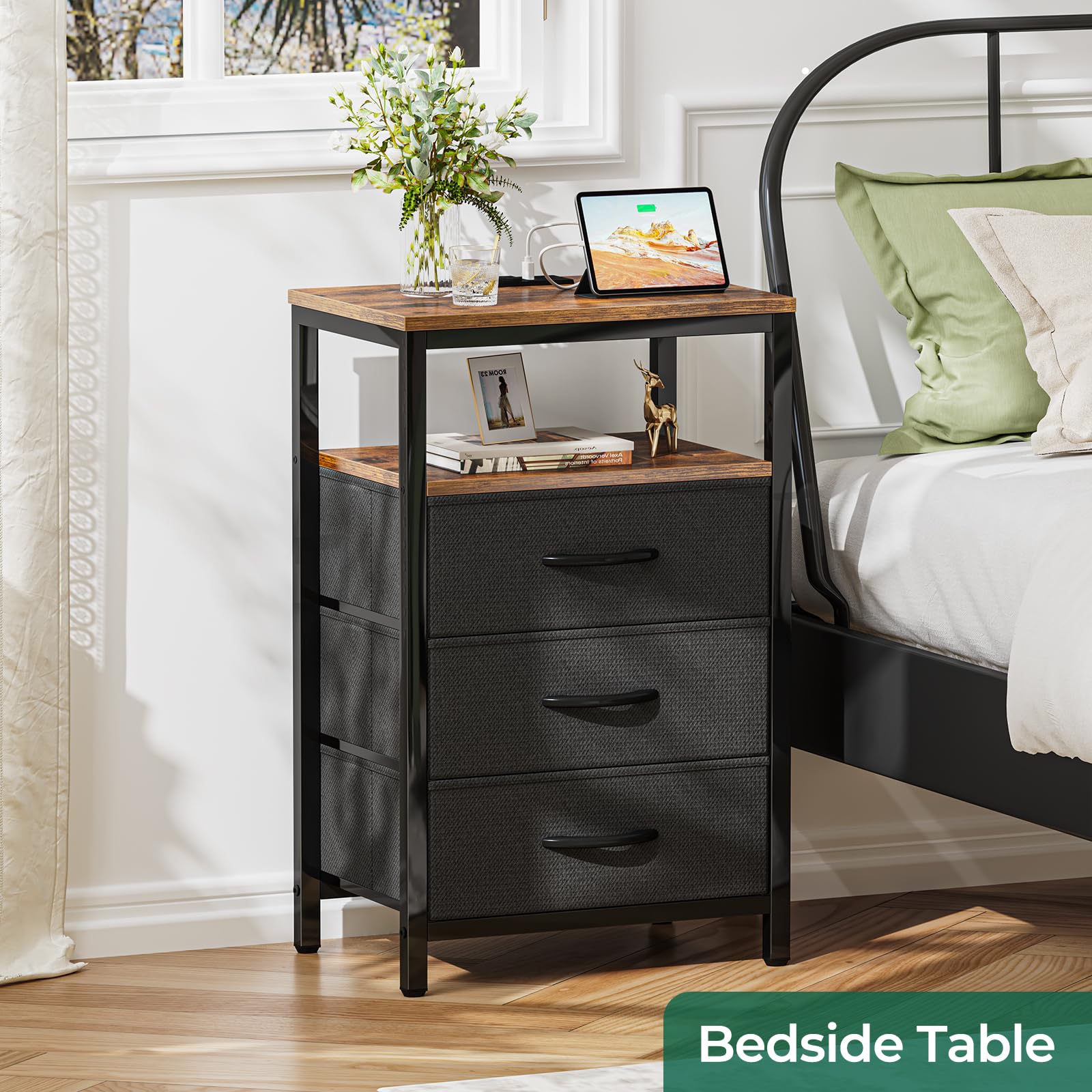 Huuger Nightstands Set of 2 - 27.6 Inch Rustic Brown and Black Bedside Tables with USB Charging Station, Fabric Drawers & Outlet - Perfect for Bedroom, Living Room or Guest Room Night Stands