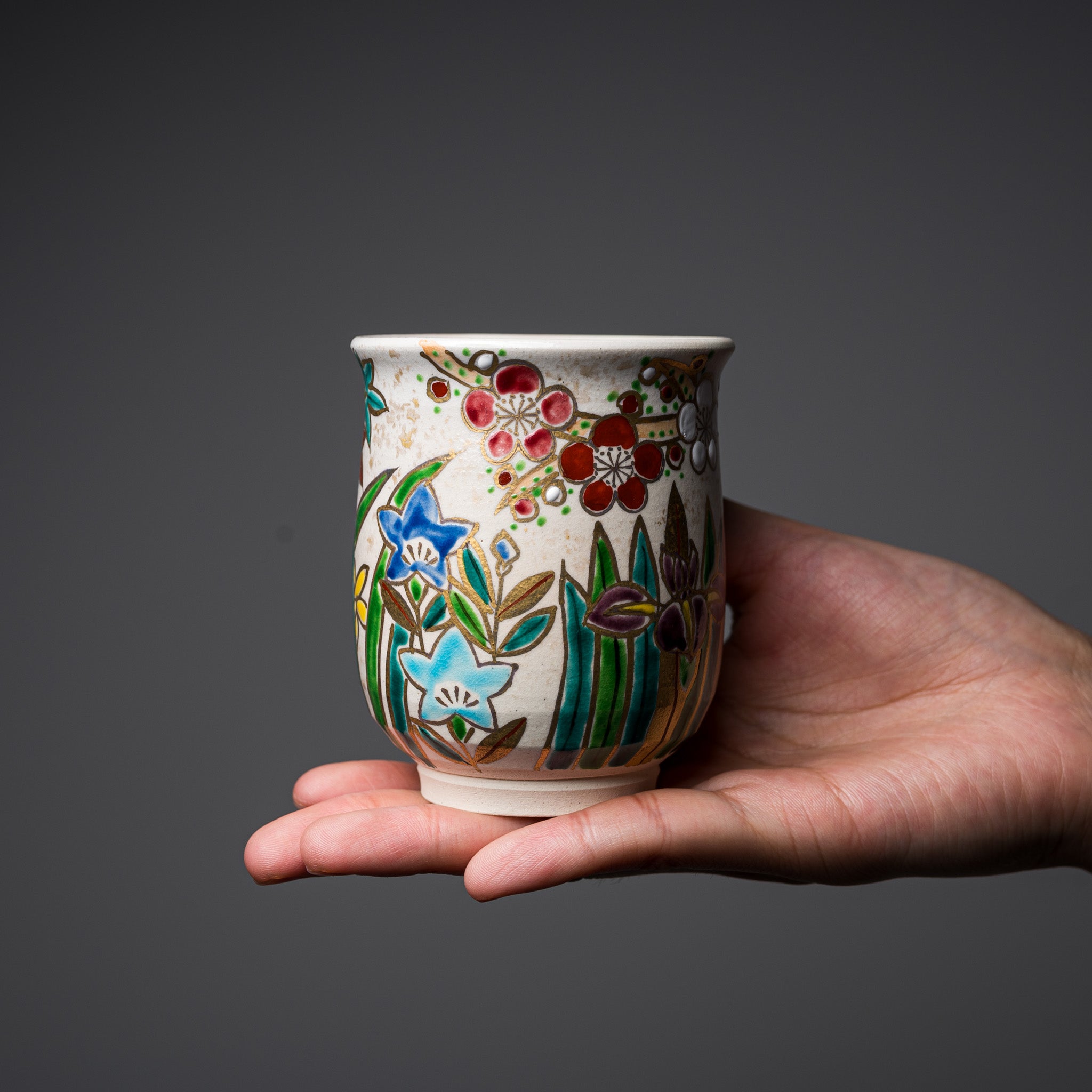 Handmade Kyoto Kiyomizu Ware Kinsai Flower Pair Cups - Authentic Japanese Ceramic Tea Cups for Matcha, Sencha & Traditional Tea Ceremonies