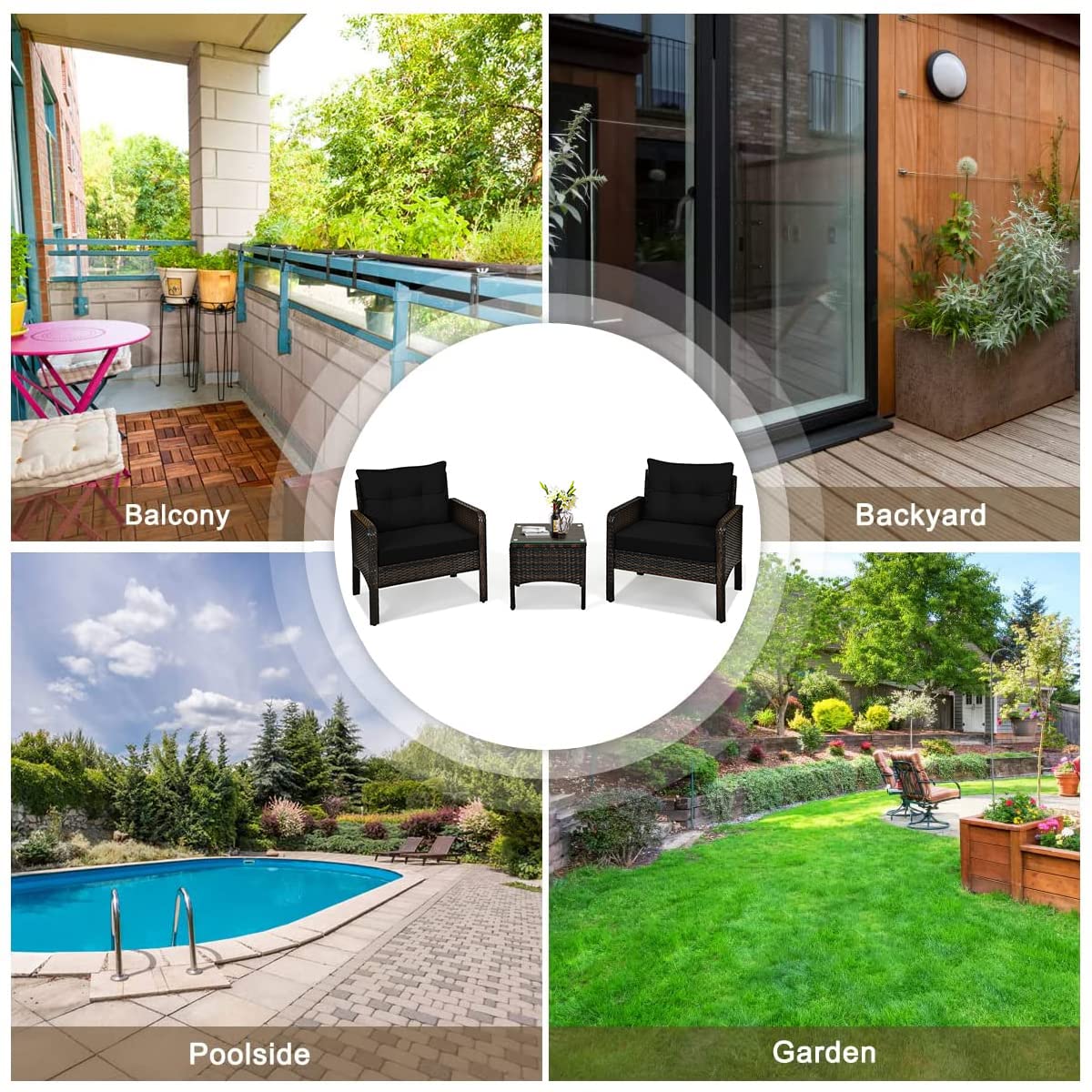HappyGrill 3-Piece Patio Conversation Set - Outdoor Rattan Wicker Furniture with Coffee Table & Chairs - Perfect for Garden, Balcony, Backyard & Poolside Relaxation