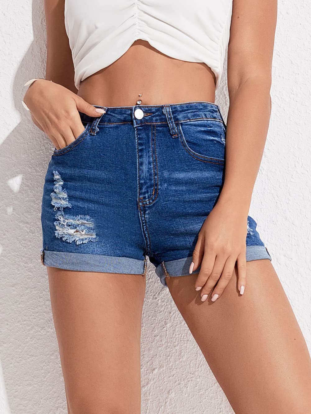 CHARTOU Women's High Waist Distressed Denim Shorts - Stretchy Ripped Jeans with Folded Hem for Summer | Perfect for Beach, Party & Casual Outfits