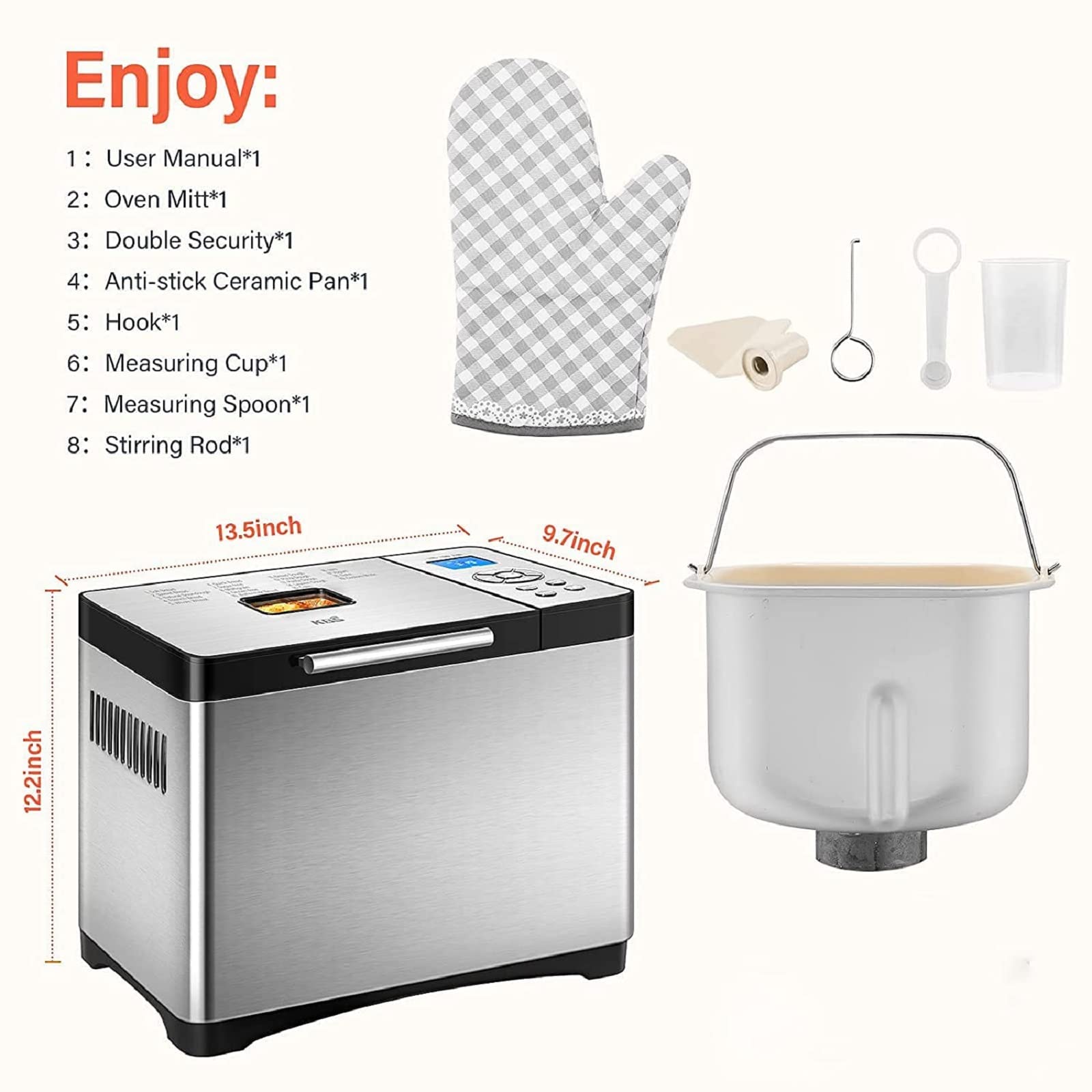 **KBS 17-in-1 Bread Maker Machine - 2LB Stainless Steel Bread Machine with Fruit Nut Dispenser, Nonstick Ceramic Pan, Digital Touch Panel, 710W, 15-Hour Timer, 1-Hour Keep Warm - 3 Sizes & 3 Colors - Perfect for Homemade Bread, Gluten-Free Baking & Family Breakfasts**