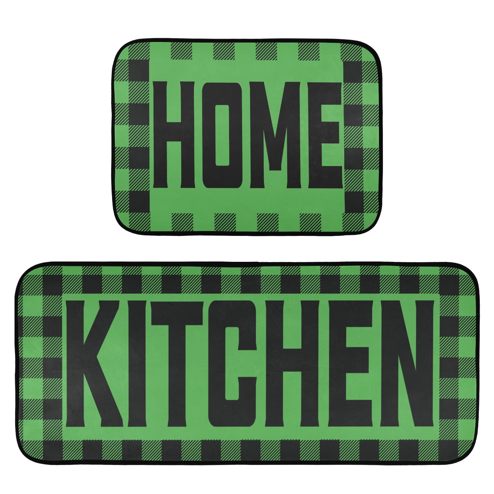 Buffalo Plaid Checked Green & Black Anti-Fatigue Kitchen Mat Set of 2 - Non-Slip Cushioned Heavy Duty Foam Runner Rugs for Farmhouse, Laundry & Standing Comfort - Perfect for Kitchens, Mudrooms & Entryways