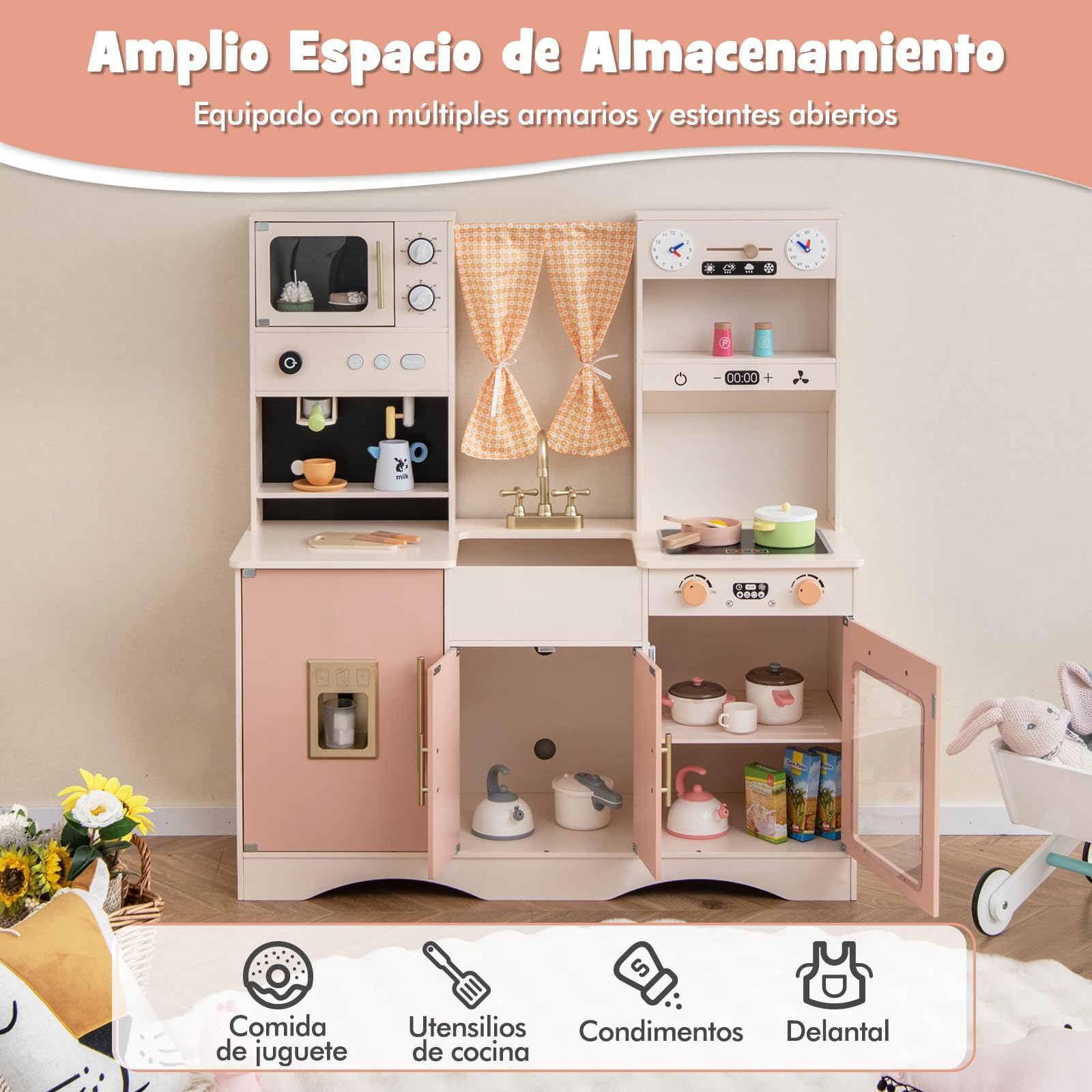 COSTWAY Wooden Play Kitchen Toy with Microwave, Coffee Maker, Ice Machine, Sink, Clock, Oven & Accessories - Pink Pretend Cooking Set for Toddlers & Kids Ages 3+ | Interactive Role Play, Imaginative Fun, Birthday Gift for Girls & Boys | Perfect for Home, Preschool & Daycare Playrooms