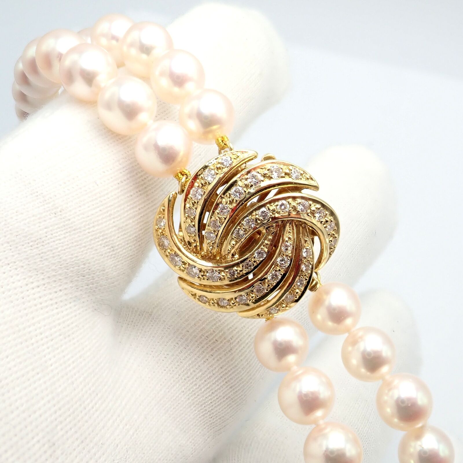 Authentic Mikimoto 18k Yellow Gold Diamond Double Strand 8mm Pearl Necklace - Elegant Jewelry for Weddings, Anniversaries & Special Occasions