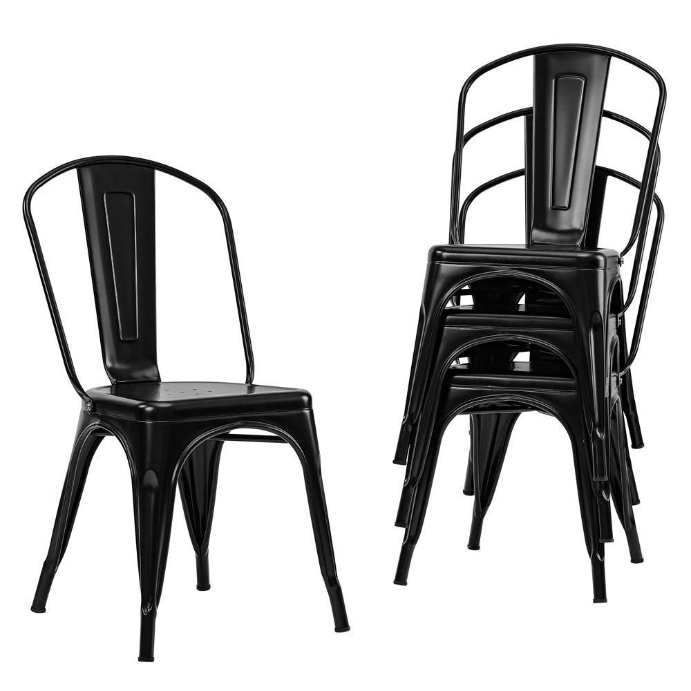 Distressed Metal Stackable Dining Chairs Set of 4 - Indoor Outdoor Kitchen & Patio Side Chairs with Back Support (Black) | Perfect for Farmhouse Decor, Restaurant Seating & Backyard Gatherings