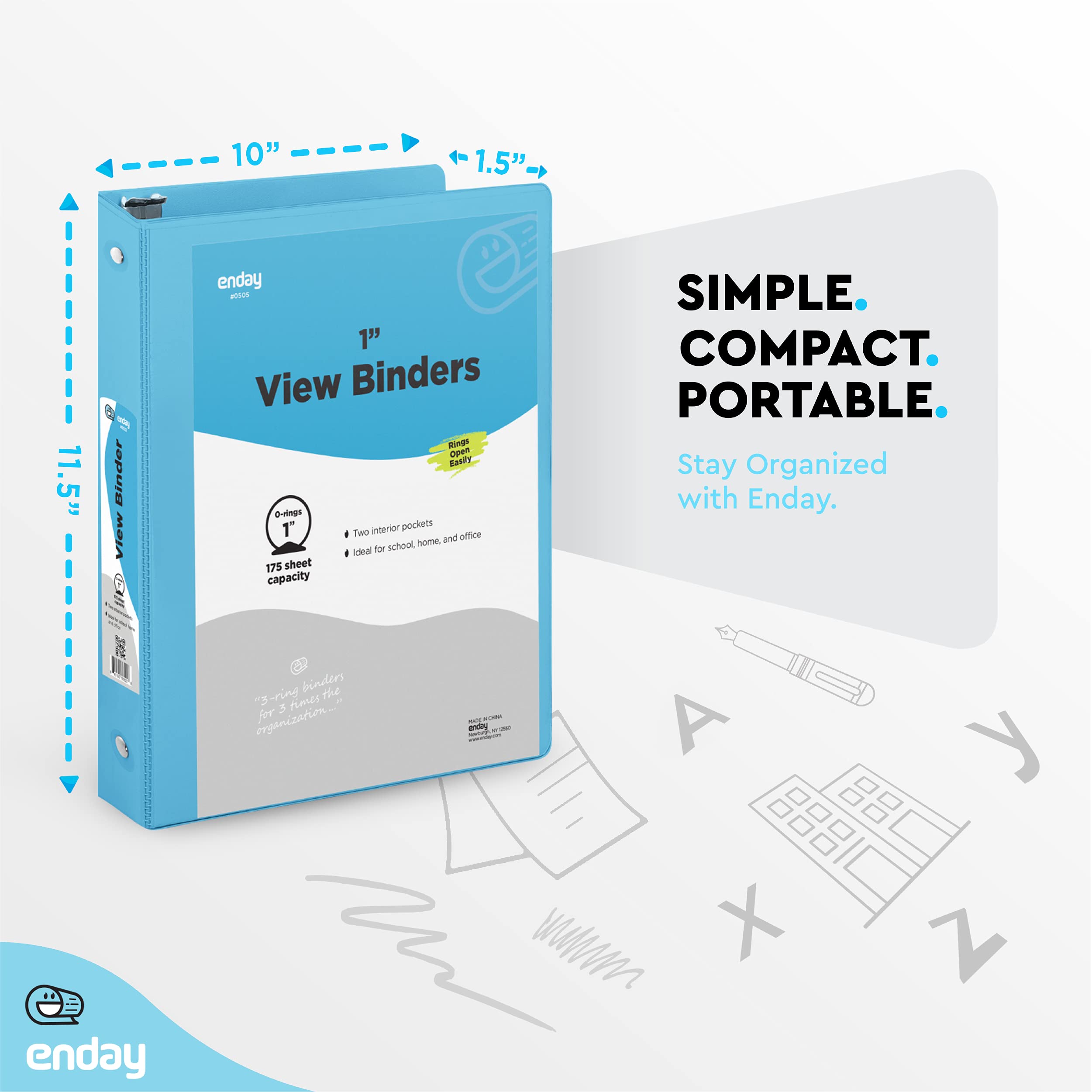 1 Inch 3 Ring Binder with Clear View Cover - 2 Inside Pockets, Blue School & Office Binder for Organizing Papers, Homework, and Documents - Perfect for Students, Teachers, and Home Office Use - by Enday