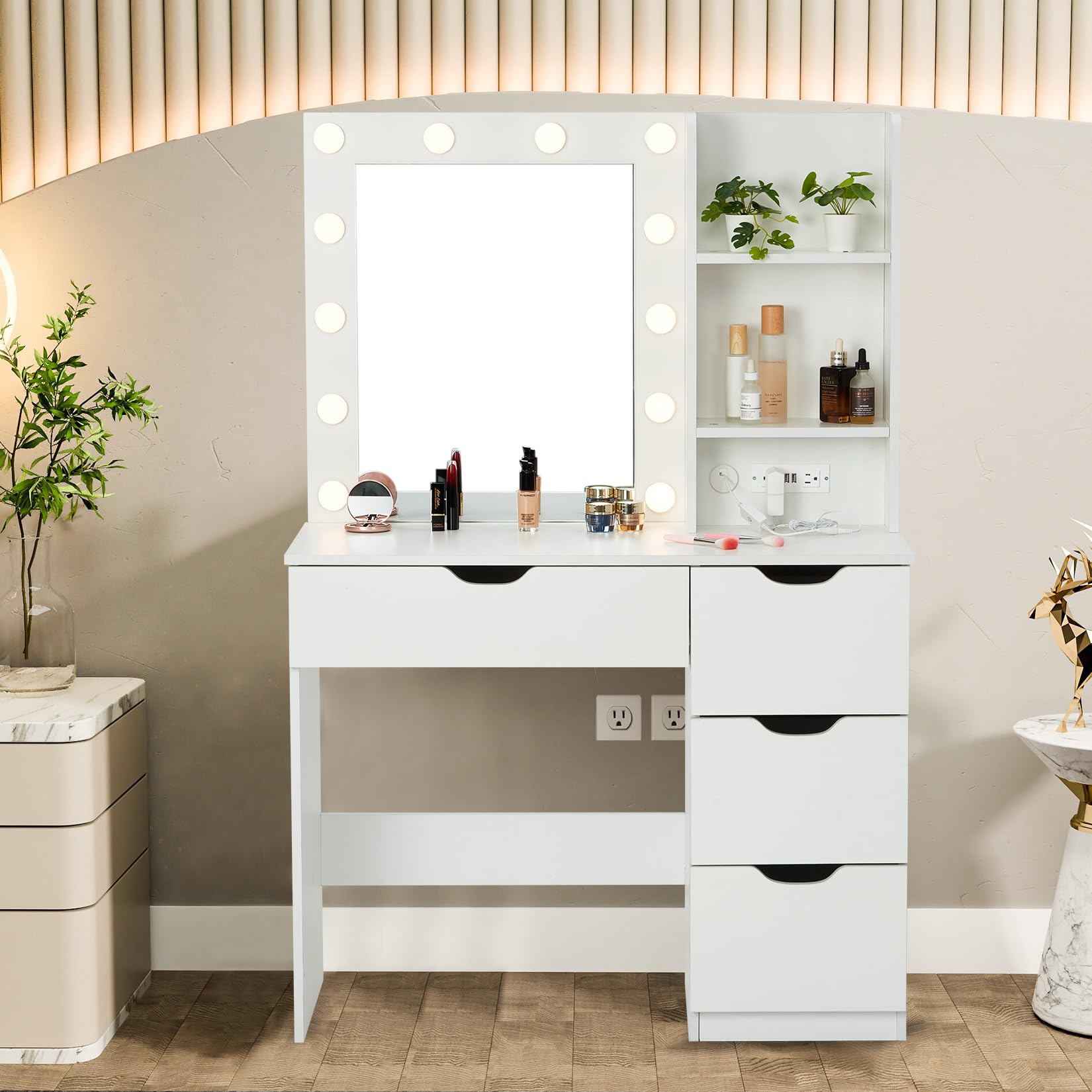 Modern Vanity Makeup Desk with LED Lights & Power Outlet - White Dressing Table with 4 Drawers, Crystal Knobs & Large Mirror - Perfect for Bedroom, Beauty Salon & Home Decor