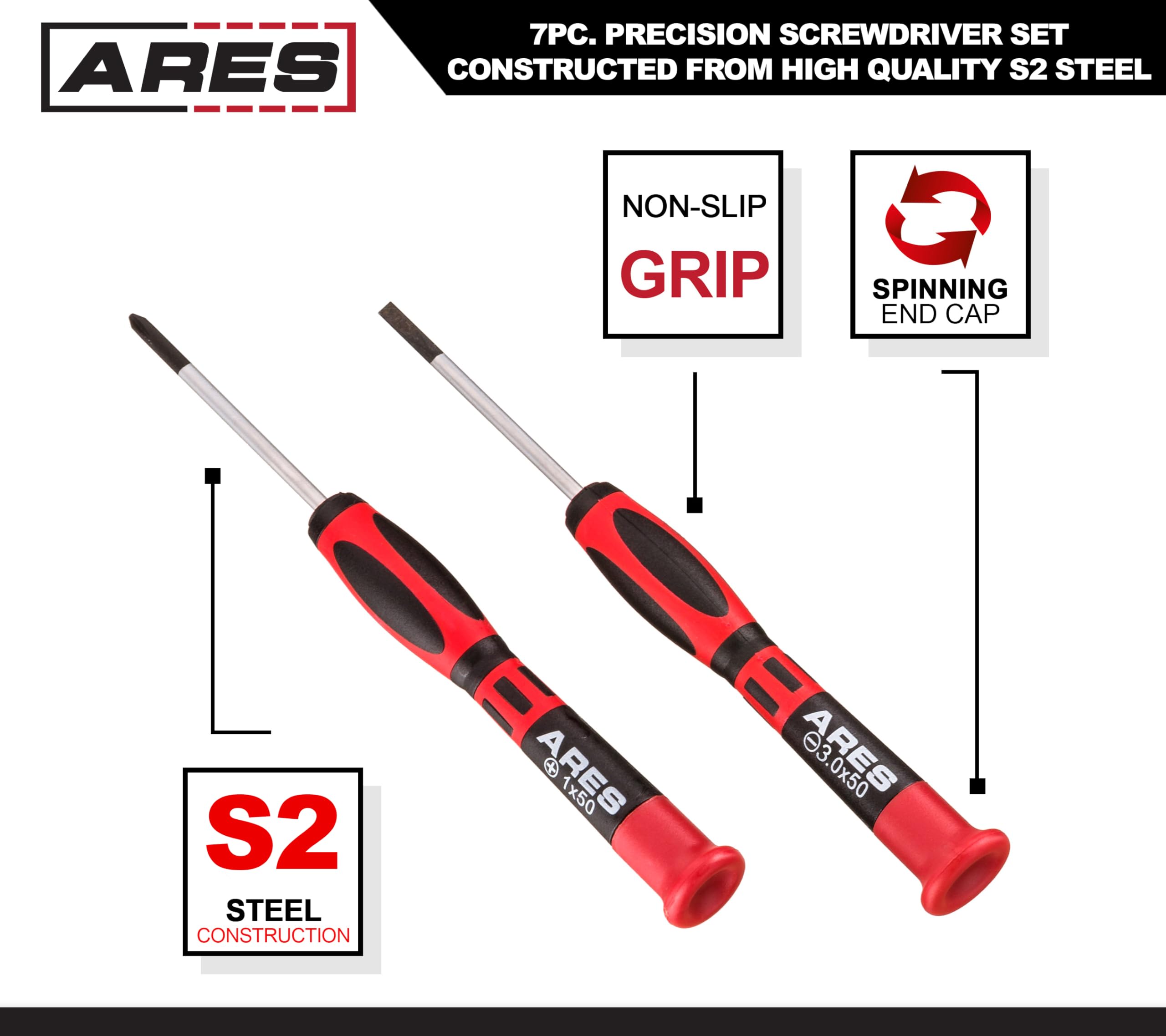 ARES 70600 7-Piece Precision Screwdriver Set with S2 Steel Shafts - Phillips (00, 0, 1) & Slotted (1.5, 2.0, 2.4, 3.0mm) Bits - Includes Storage Pouch - Ideal for Electronics, Watches, Glasses & Small Device Repair