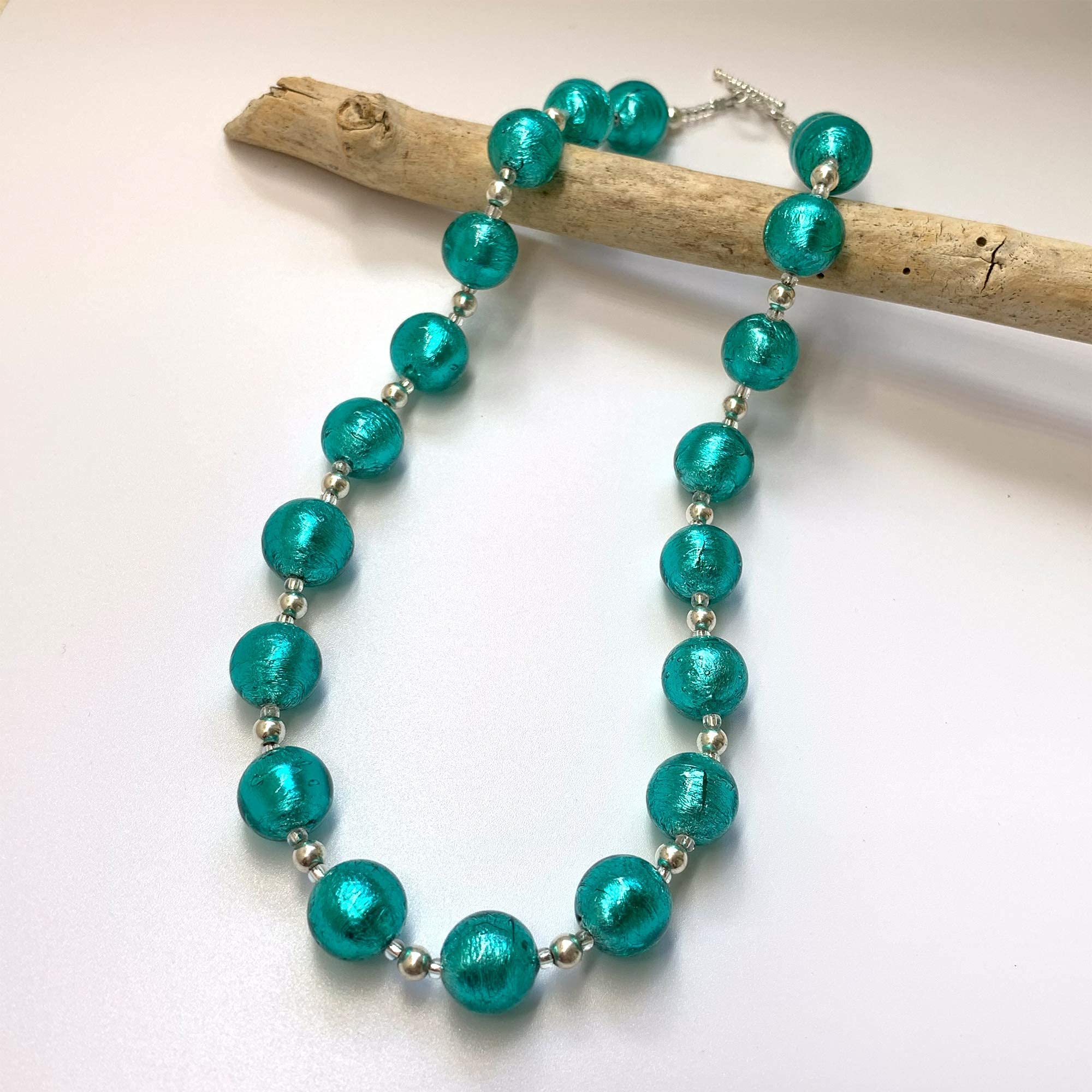 Diana Ingram Teal Murano Glass Beaded Necklace - Sterling Silver Beads & Clasp | Elegant Jewelry for Women, Perfect for Parties, Weddings & Special Occasions