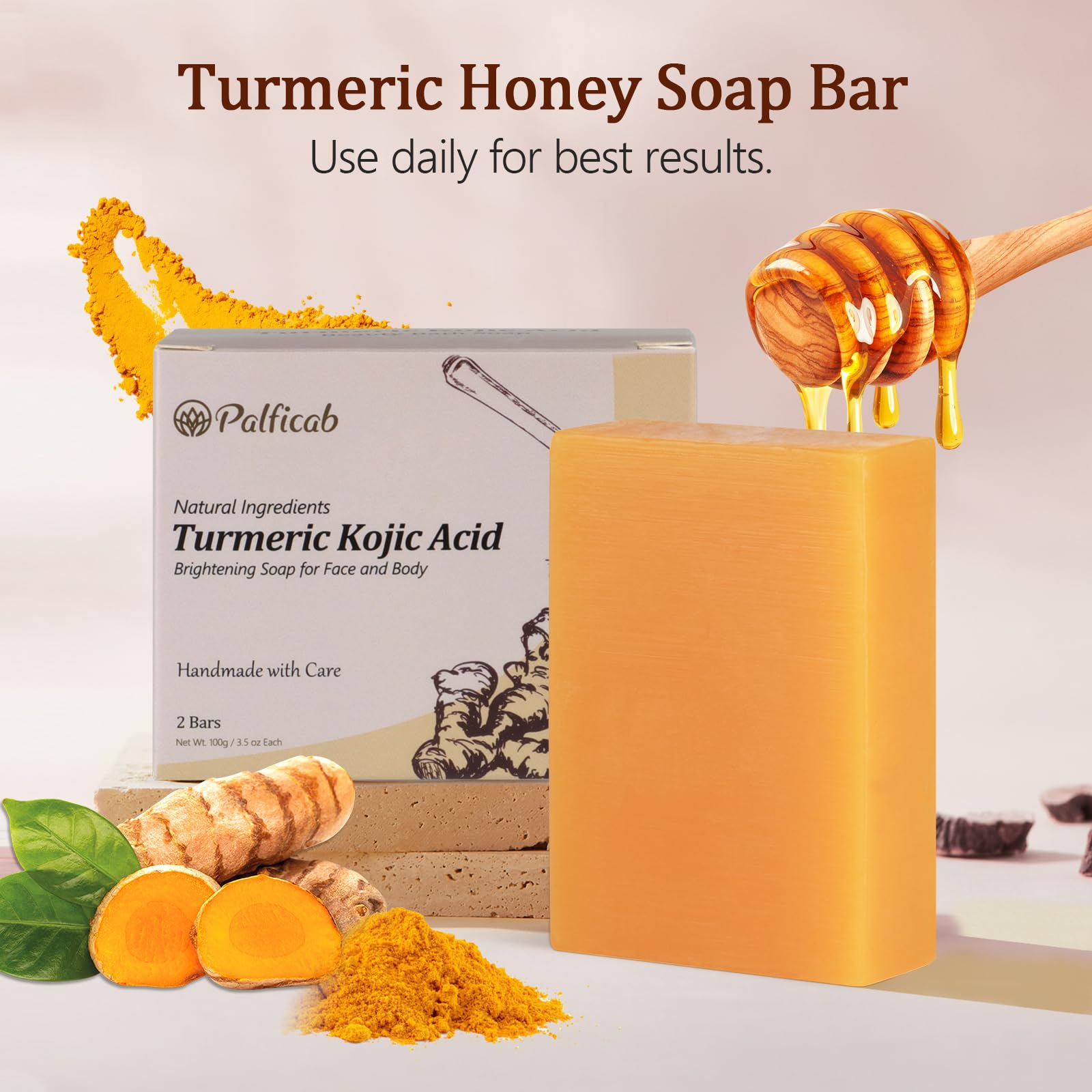 Kojic Acid Soap & Turmeric Soap Bar with Shea Butter, Coconut Oil & Vitamin C - Brightening Face & Body Cleanser for Women & Men - Natural Honey Infused Skin Care - Perfect for Daily Use, Gifts & Stocking Stuffers (2 Bars)