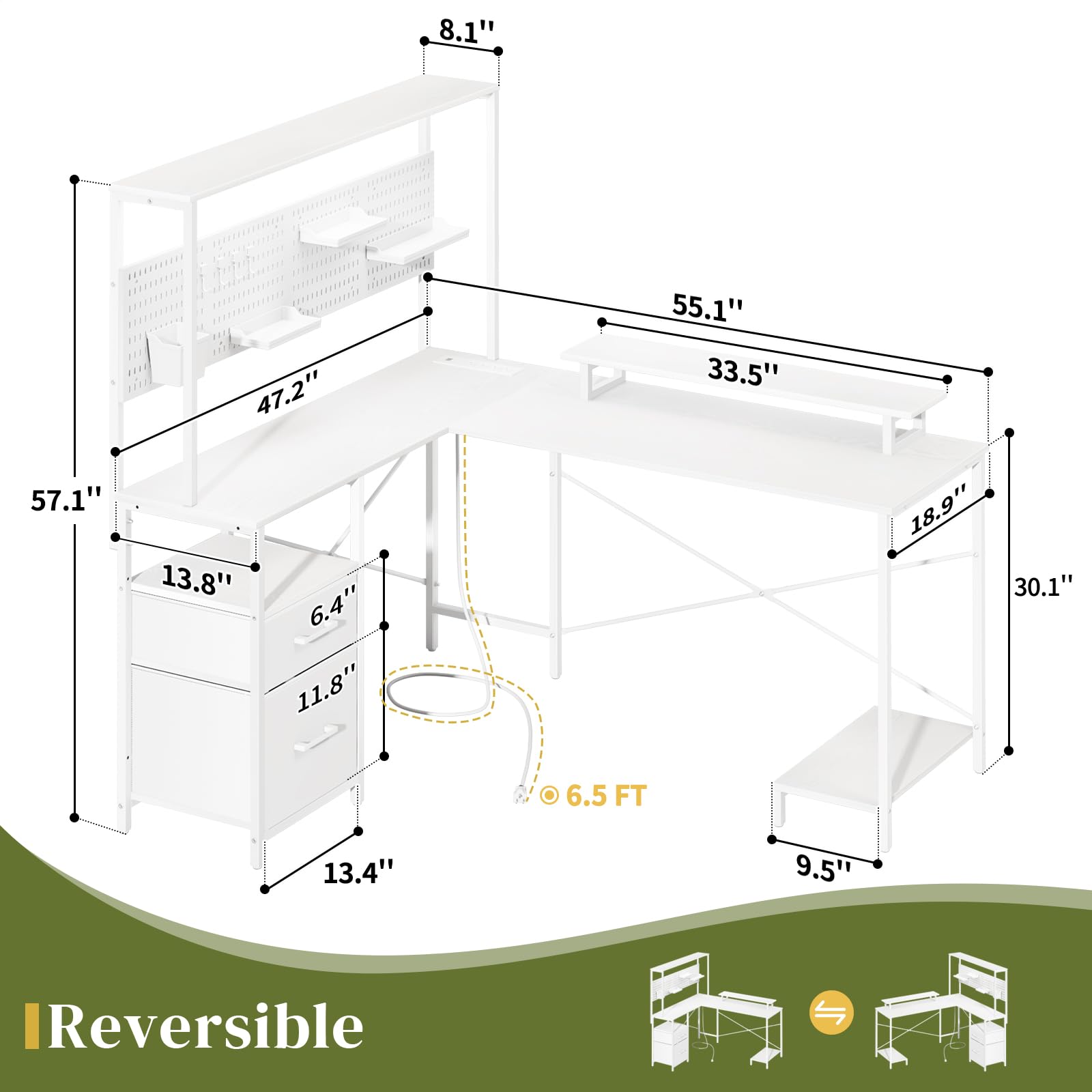 Yoobure L-Shaped Gaming Desk with LED Lights, Power Outlets & Pegboard - Reversible Corner Computer Desk with Drawers, Storage Shelves & Monitor Stand - Perfect for Home Office, Gaming Setup & Workspace Organization