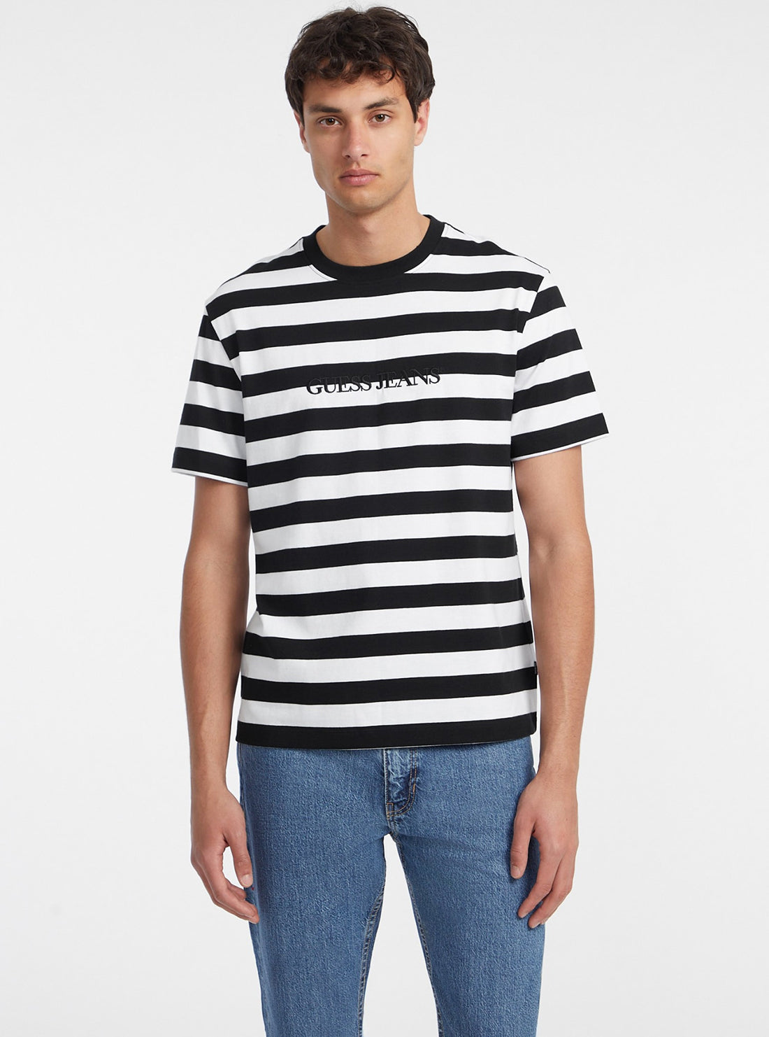 Guess Jeans Black & White Striped T-Shirt for Women - Casual Cotton Tee for Everyday Wear, Street Style & Layering