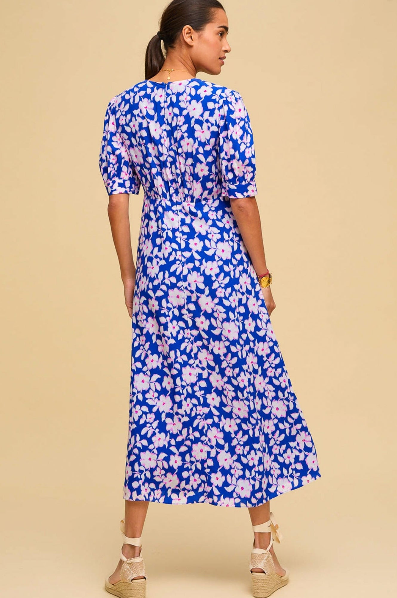 Anne Tea EcoVero™ Sustainable Floral Dress in Blossom Cobalt & Pink - Perfect for Spring Weddings, Garden Parties & Casual Outings