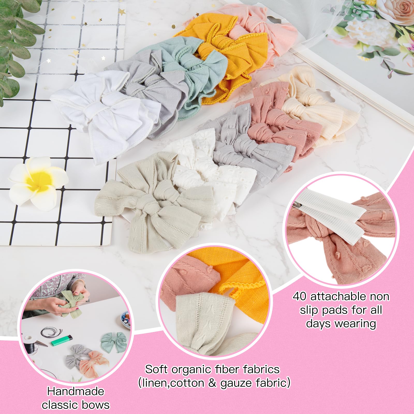 20PCS Baby Hair Bows Clips - Non Slip Alligator Clips for Girls, Handmade Linen Cotton Barrettes for Fine Hair (Infant Toddler Kids) - Perfect for Parties, Photos & Daily Outfits