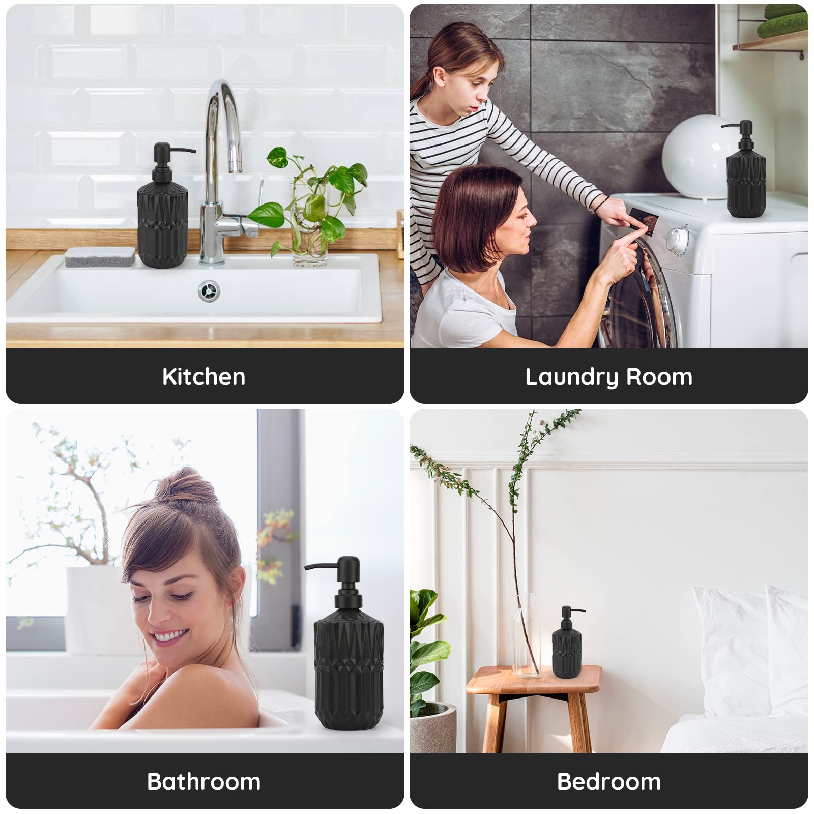 Segbeauty 2-Pack Black Soap Dispenser Set - 15.2oz (450ml) Glass Pump Bottles with Labels for Farmhouse & Modern Home Decor - Refillable Kitchen & Bathroom Accessories - Perfect for Hand Soap, Dish Soap, or Lotion Dispenser in Western Style Homes