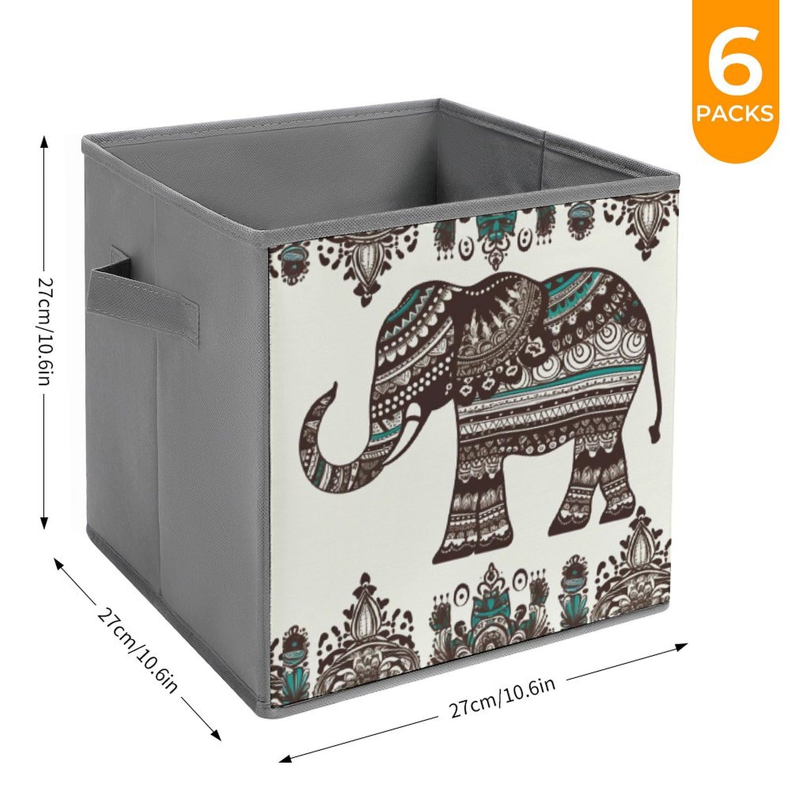 Bohemian Elephant Pattern Collapsible Storage Bins 6-Pack - Large Woven Storage Baskets with Handles for Closet, Bedroom & Nursery Organization - Perfect for Clothes, Toys, Blankets & Home Decor Storage