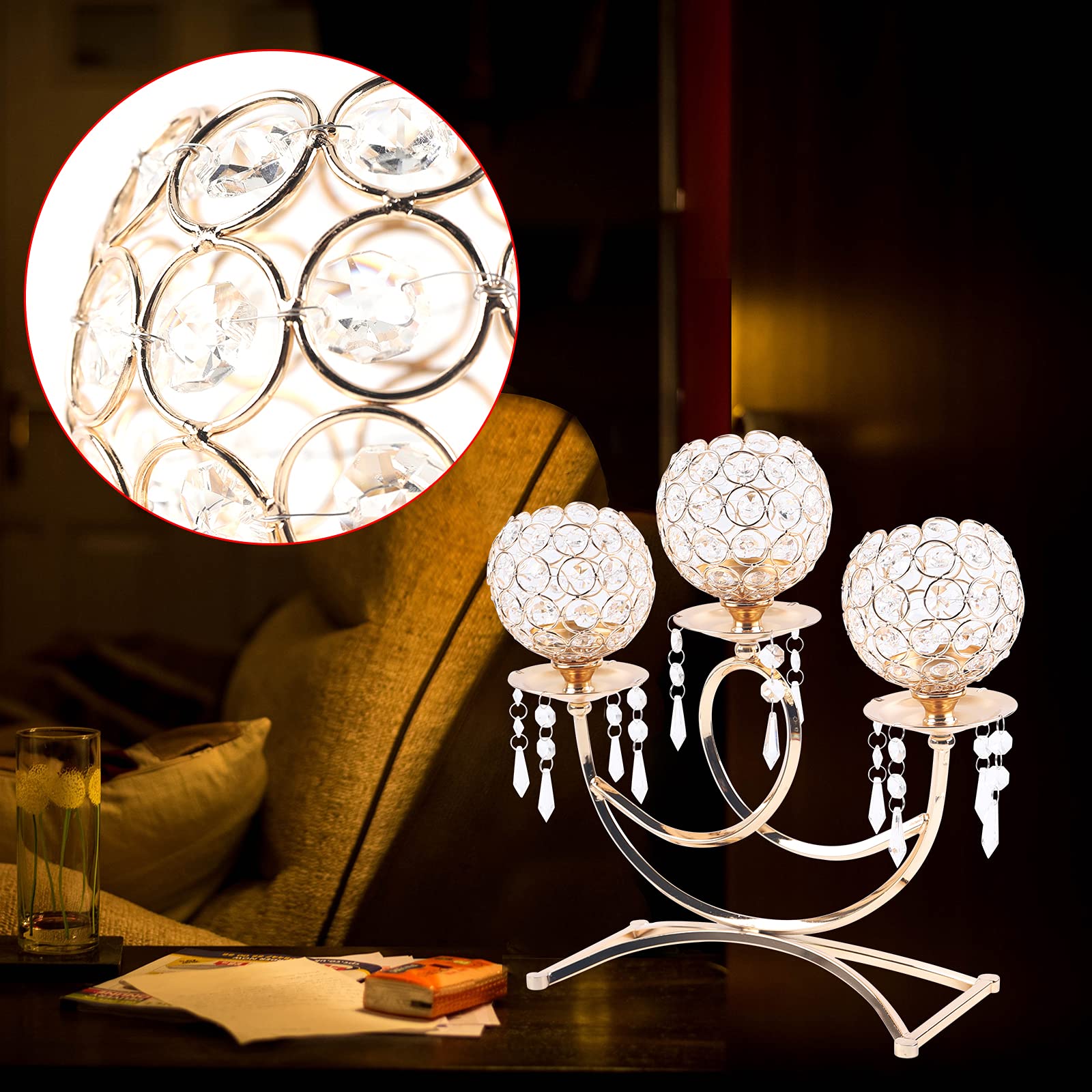 3 Arms Golden Crystal Candle Holder - Elegant Votive Candle Stand for Wedding Banquet, Dinner Table, Fireplace & Halloween Decor - Perfect Centerpiece for Romantic Tea Light Candles & Holiday Gift Giving