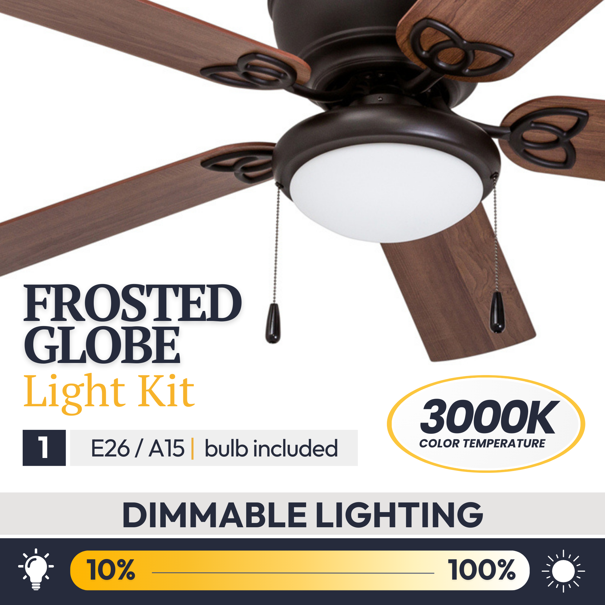 52 Inch Bronze Ceiling Fan with Pull Chain - Modern Indoor Cooling Fan for Living Room, Bedroom, and Office