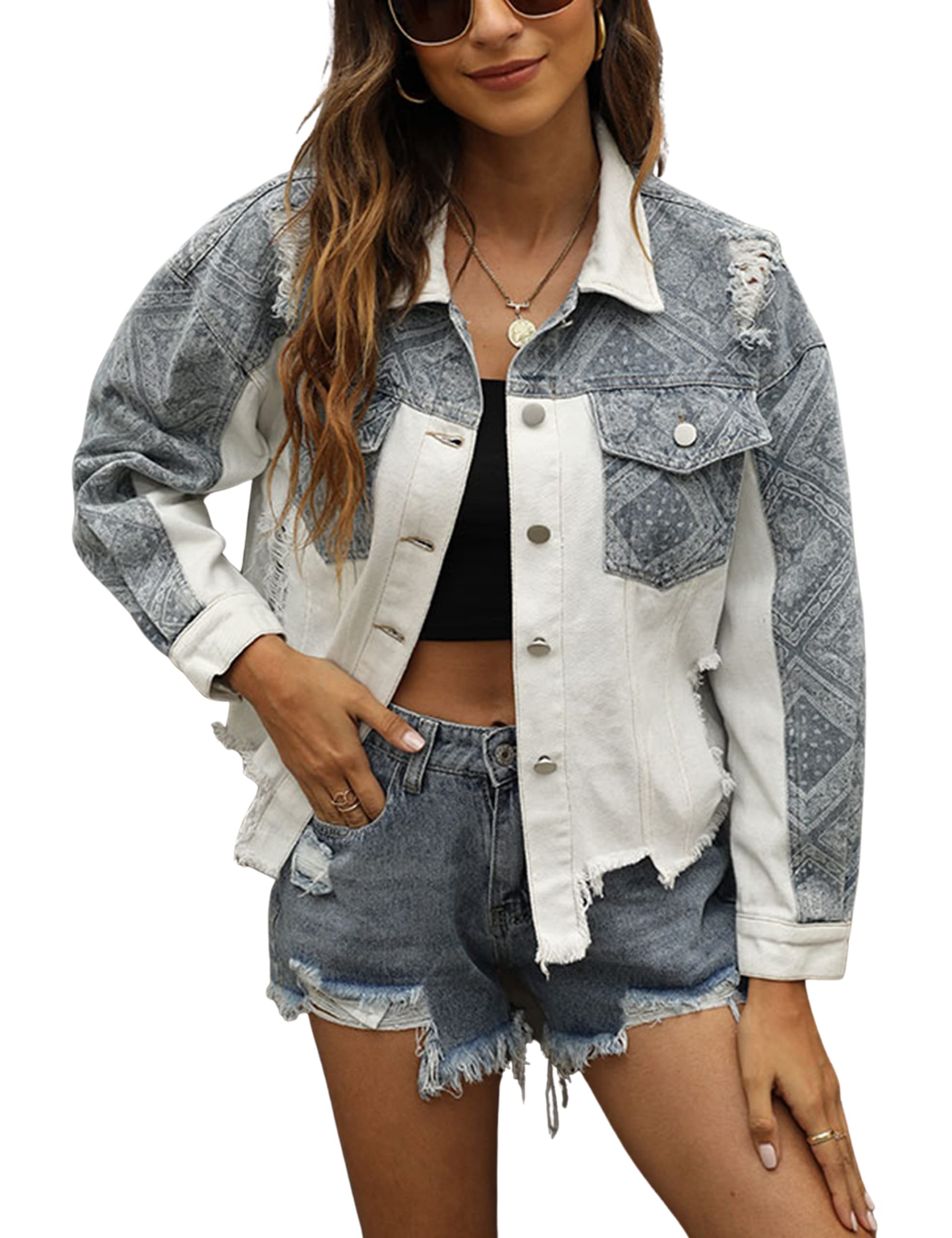 Vintage Distressed Women's Denim Jacket - PUWEI Contrast Patchwork Boyfriend Trucker Jean Jacket for Casual Outfits & Street Style Fashion