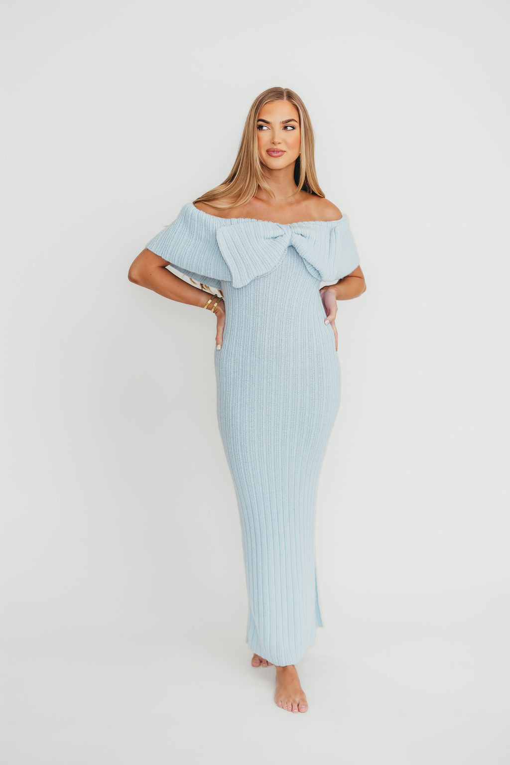 Aston Bow Front Maxi Sweater Dress in Ice Metal - Bump Friendly Maternity & Plus Size (S-3XL) | Winter Layering, Holiday Party Outfit, Casual Office Wear