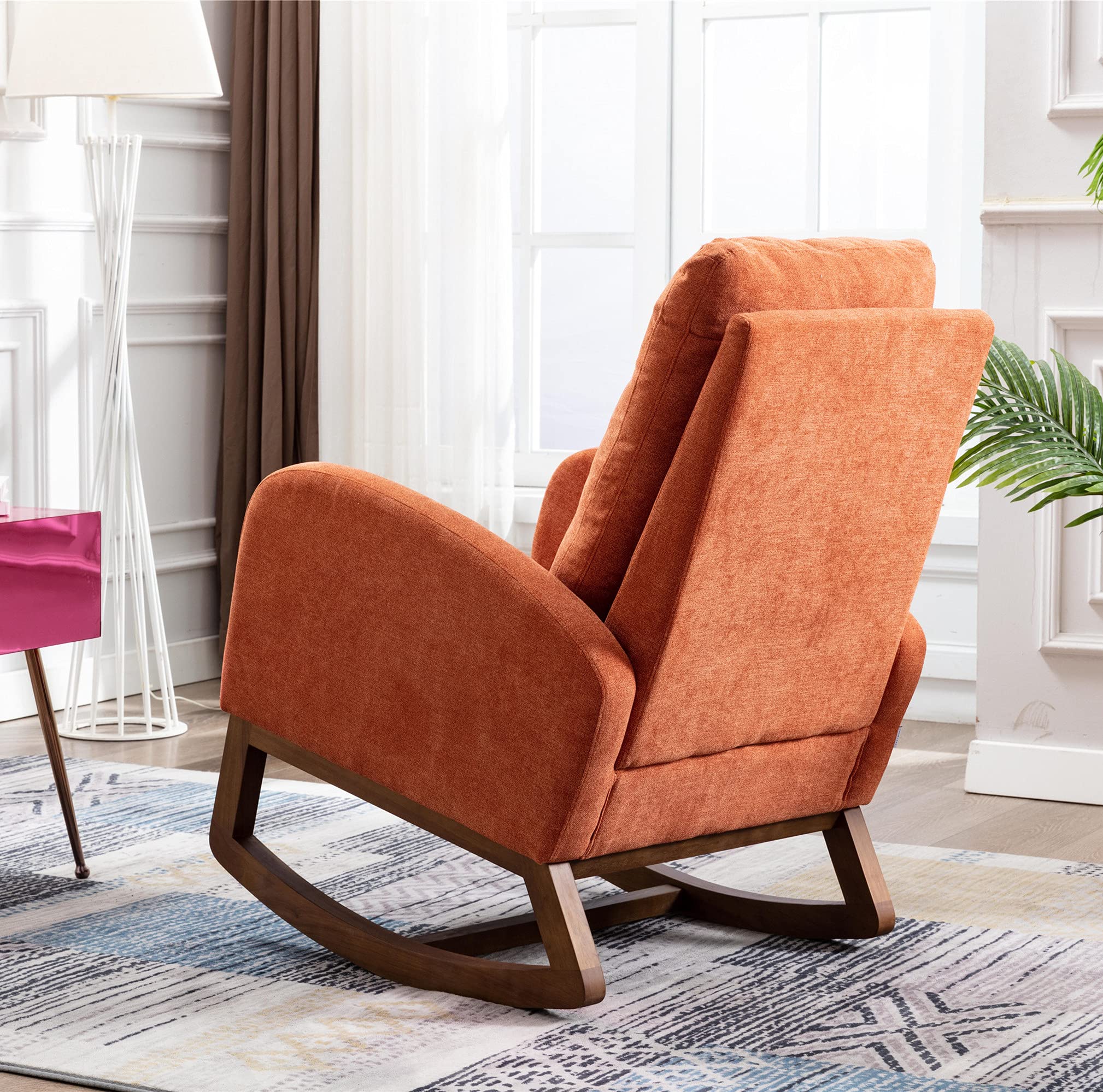 SSLine Upholstered Rocking Chair - Modern Fabric Rocking Armchair with Comfortable Cushion for Nursery, Living Room, Bedroom, Study & Office - Perfect for Relaxation, Nursing & Reading (Orange)